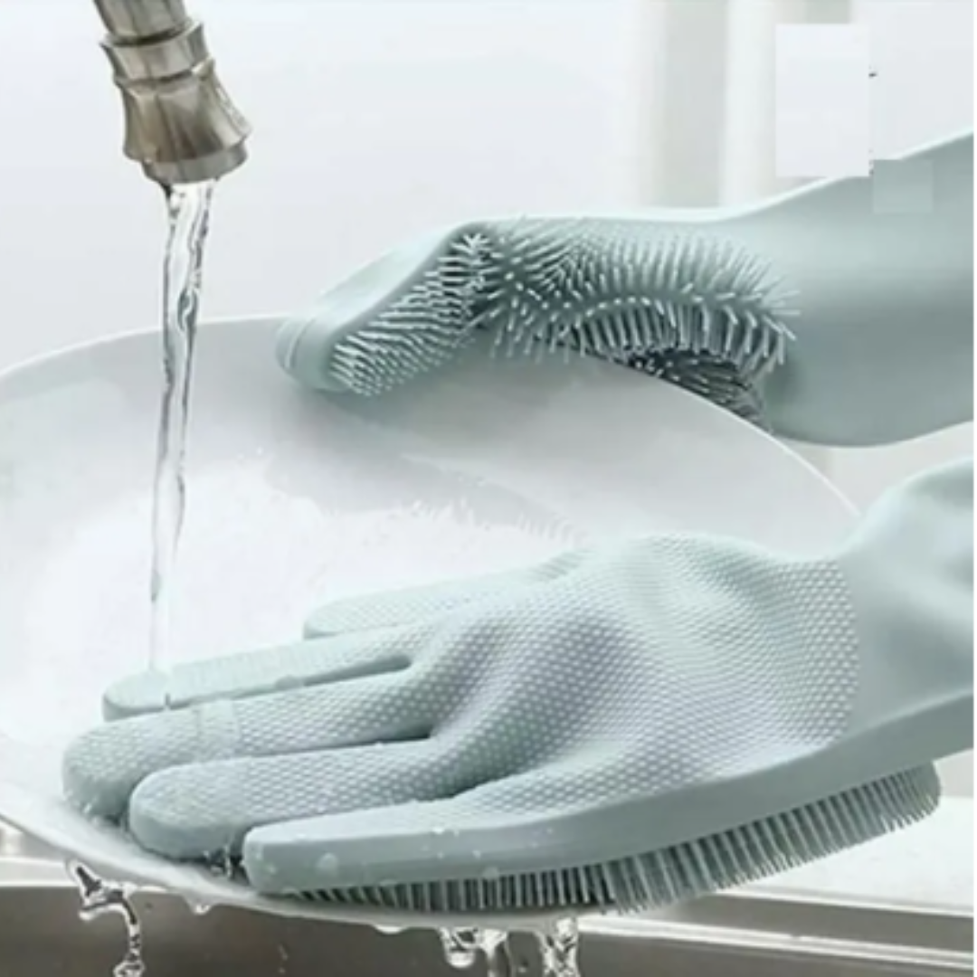 Magic Reusable Silicone Dishwashing Gloves with Scrubber 