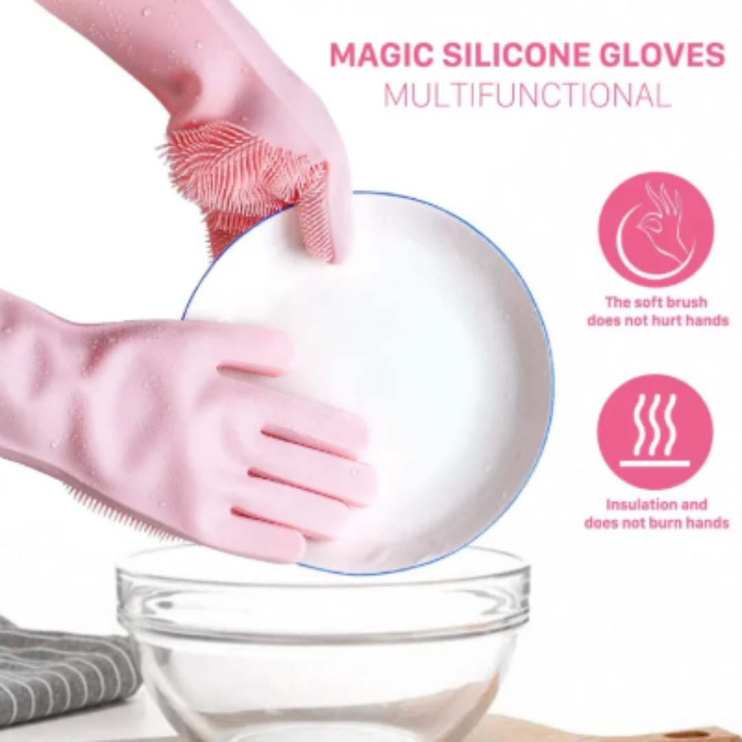Magic Reusable Silicone Dishwashing Gloves with Scrubber 
