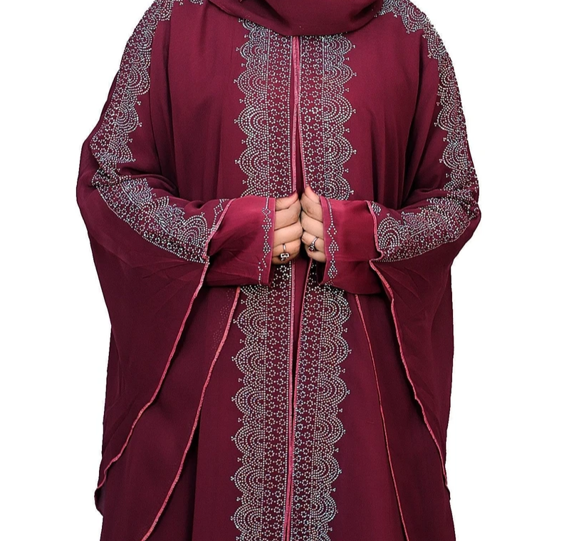 Rhinestone Embellished Burgundy Abaya