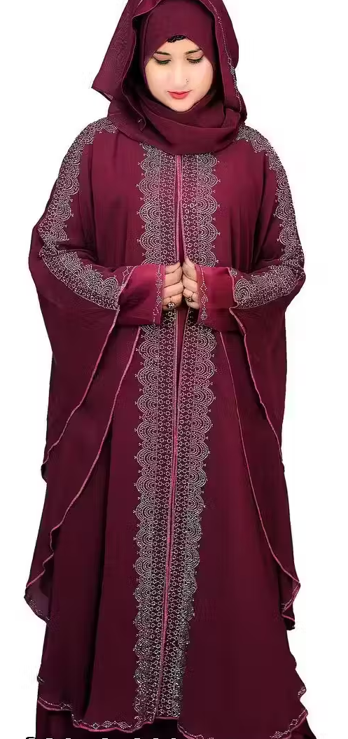 Rhinestone Embellished Burgundy Abaya