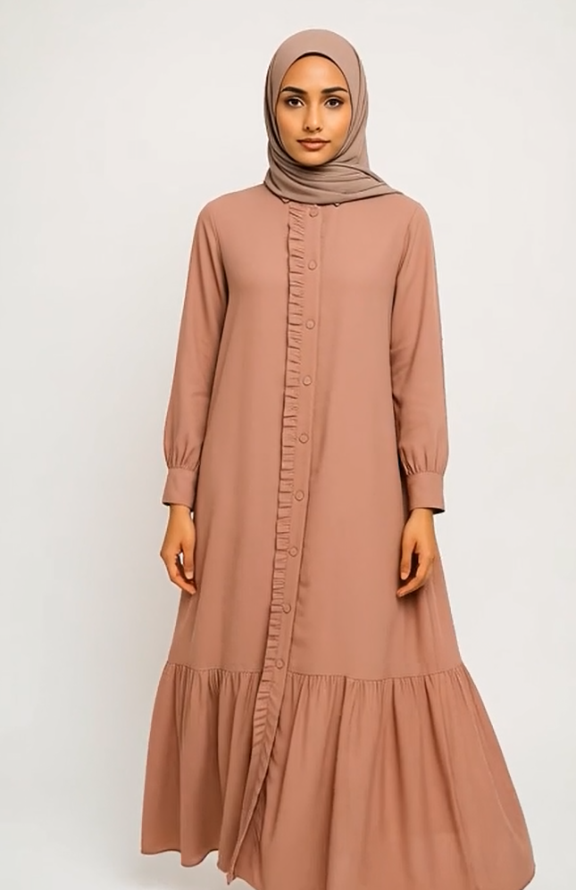 Modest Blush Pink Ruffle Abaya Set