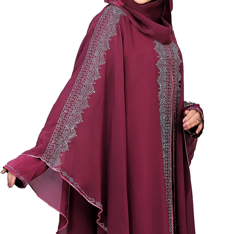 Rhinestone Embellished Burgundy Abaya