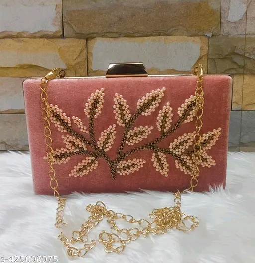 Embroidered Pink Velvet Clutch