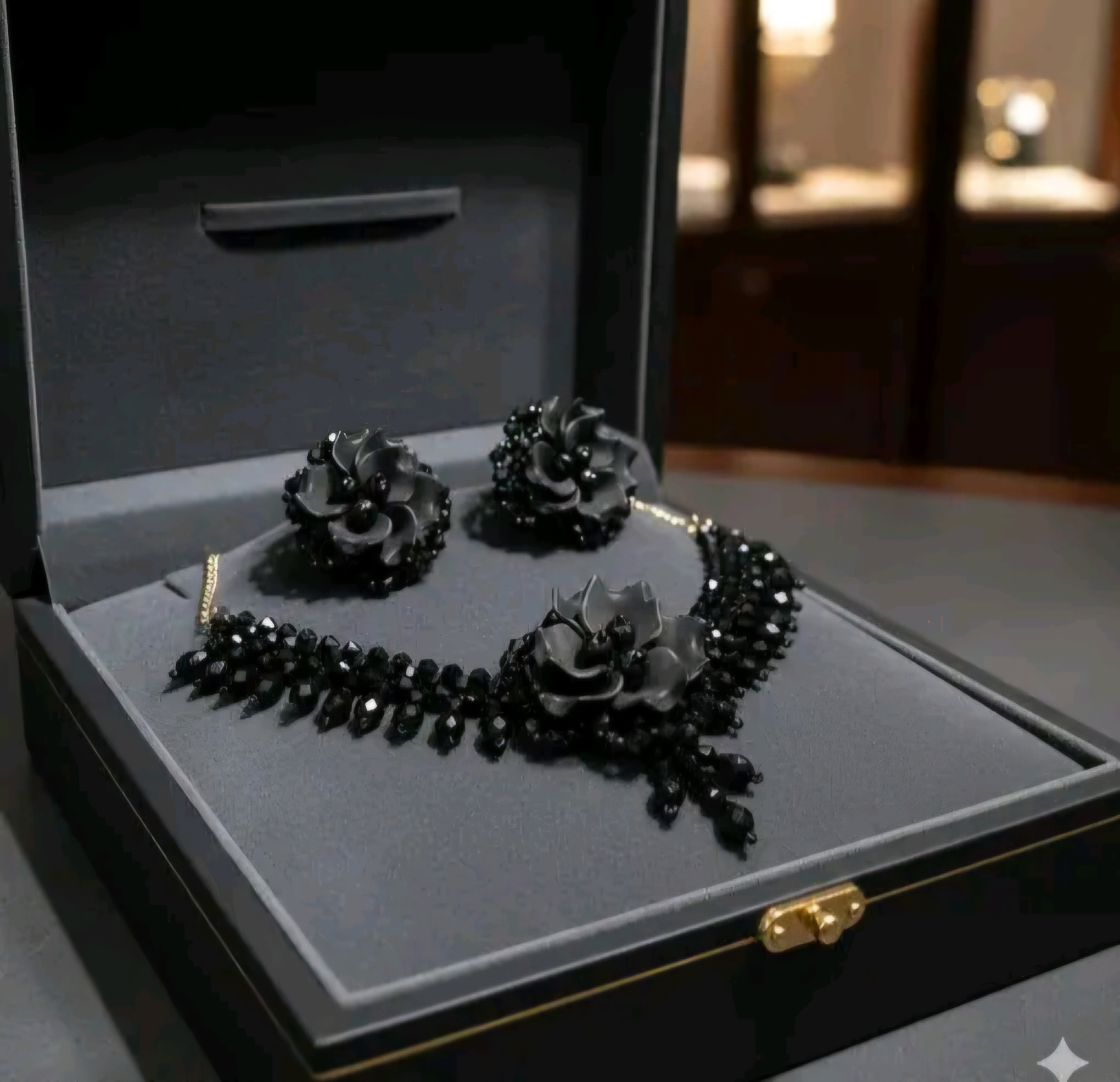 Elegant Black Beaded Necklace and earrings Set