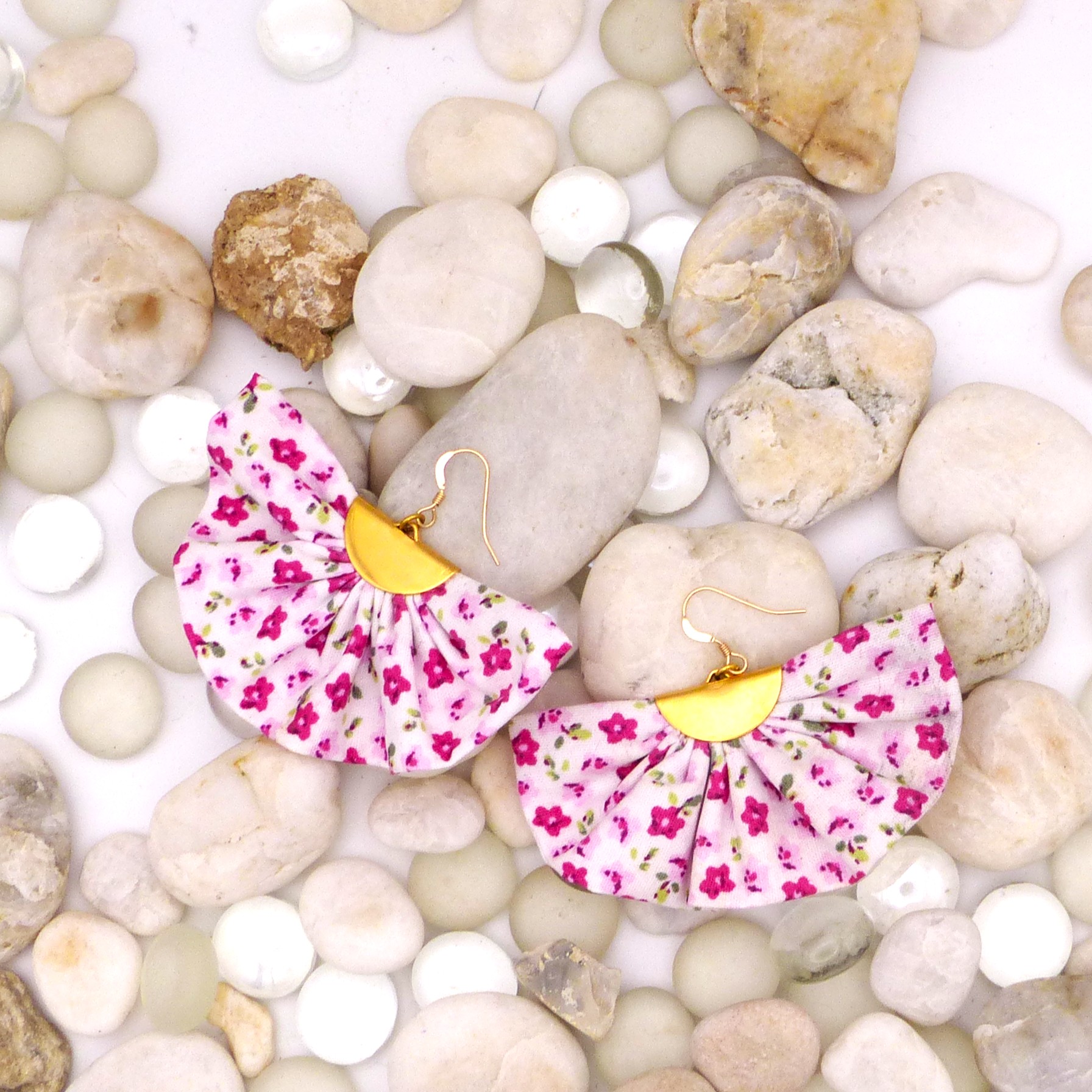 Boucles d'oreilles Eventail -  Fleurs roses