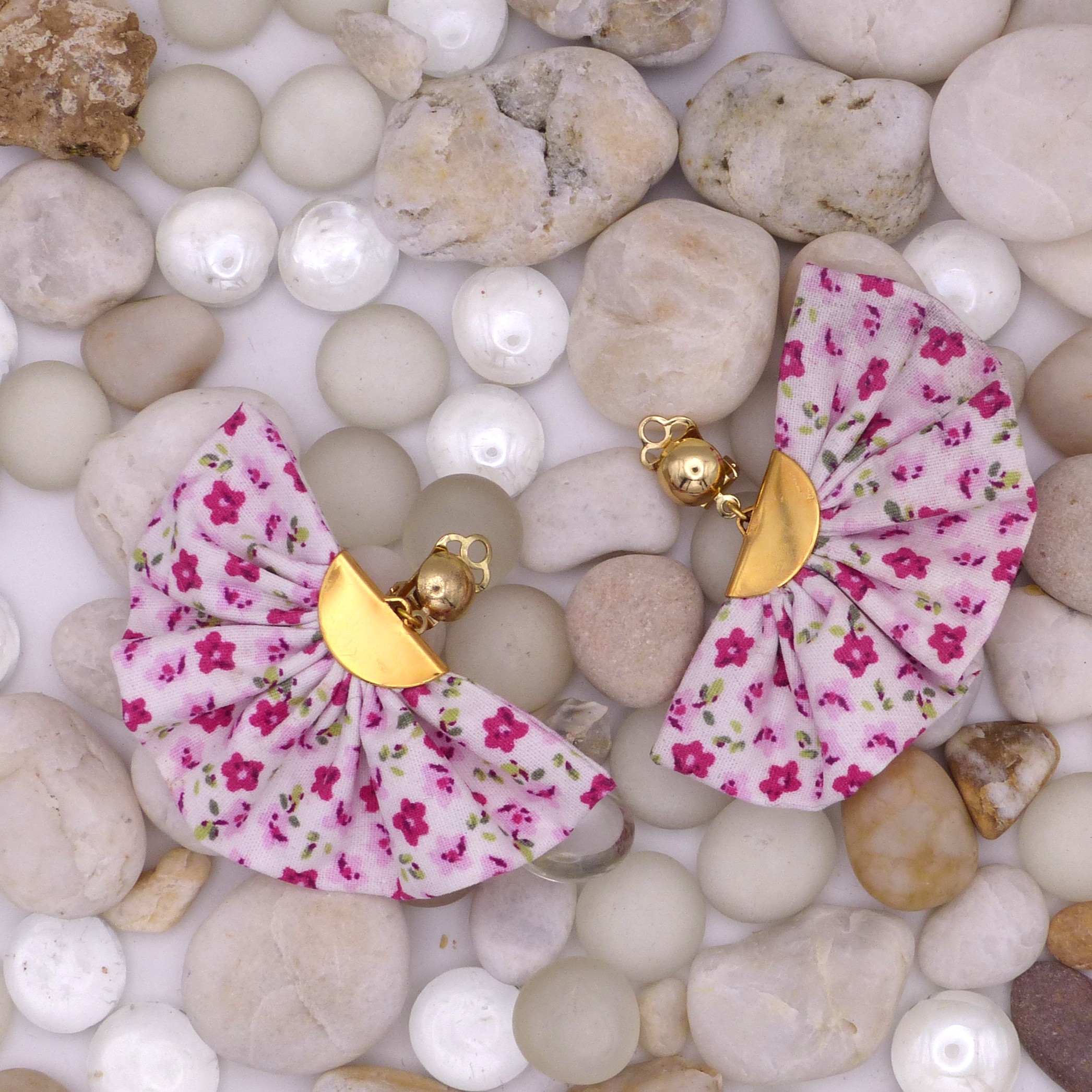 Boucles d'oreilles Eventail -  Fleurs roses
