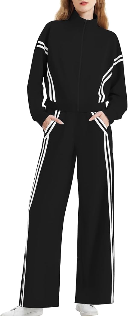 Casly Lamiit Women's 2 Piece Lounge Outfits Zip Up Sweat Set Contrast Striped Wide Leg Jogging Pants Travel Track Suit