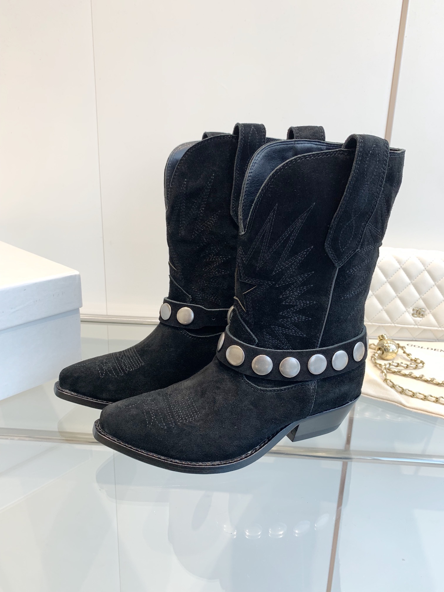 Black Suede Western Cowboy Boots