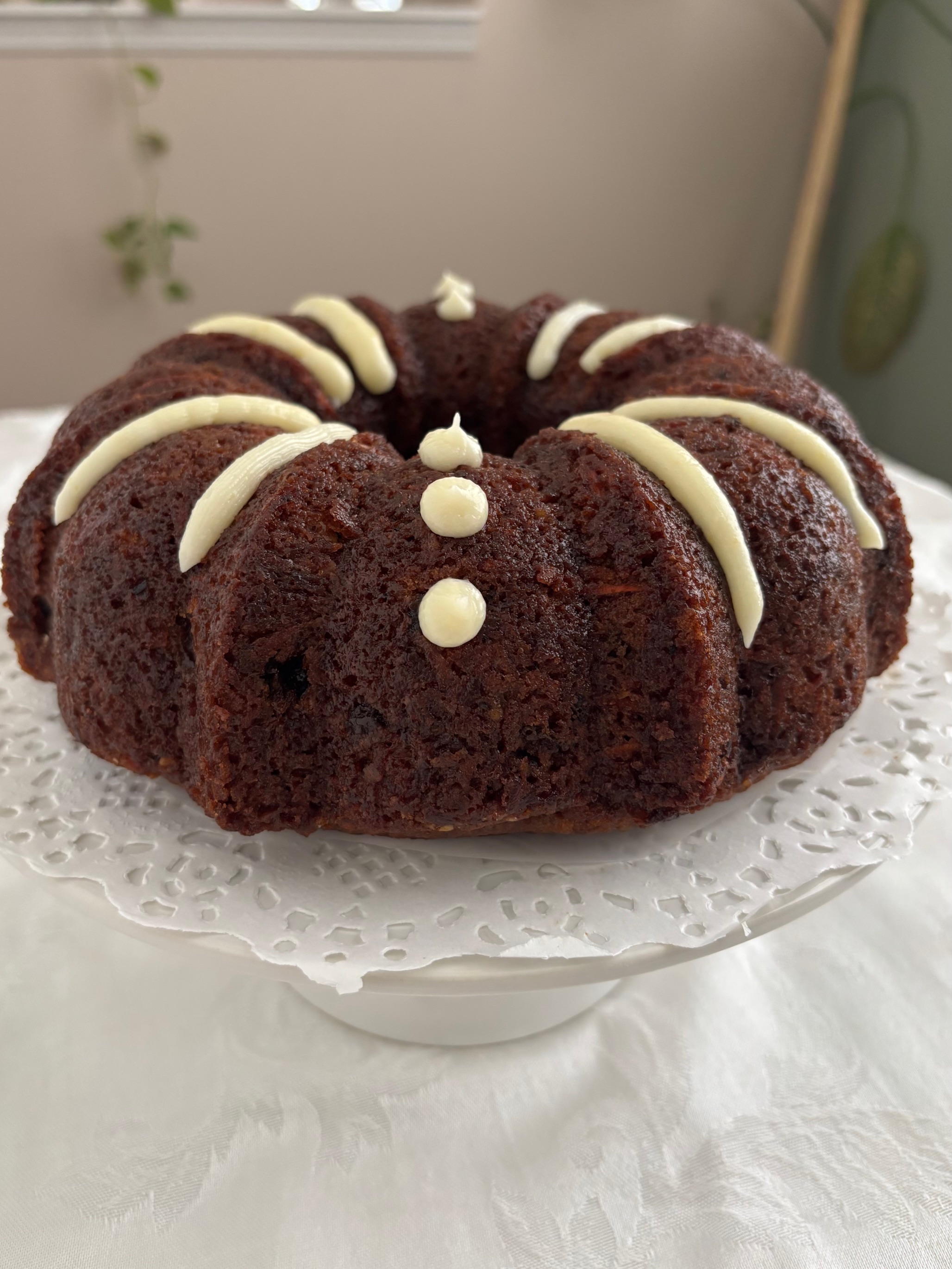 Novelette's Carrott Pineapple Coconut Cake with optional frosting, raisins and or walnuts