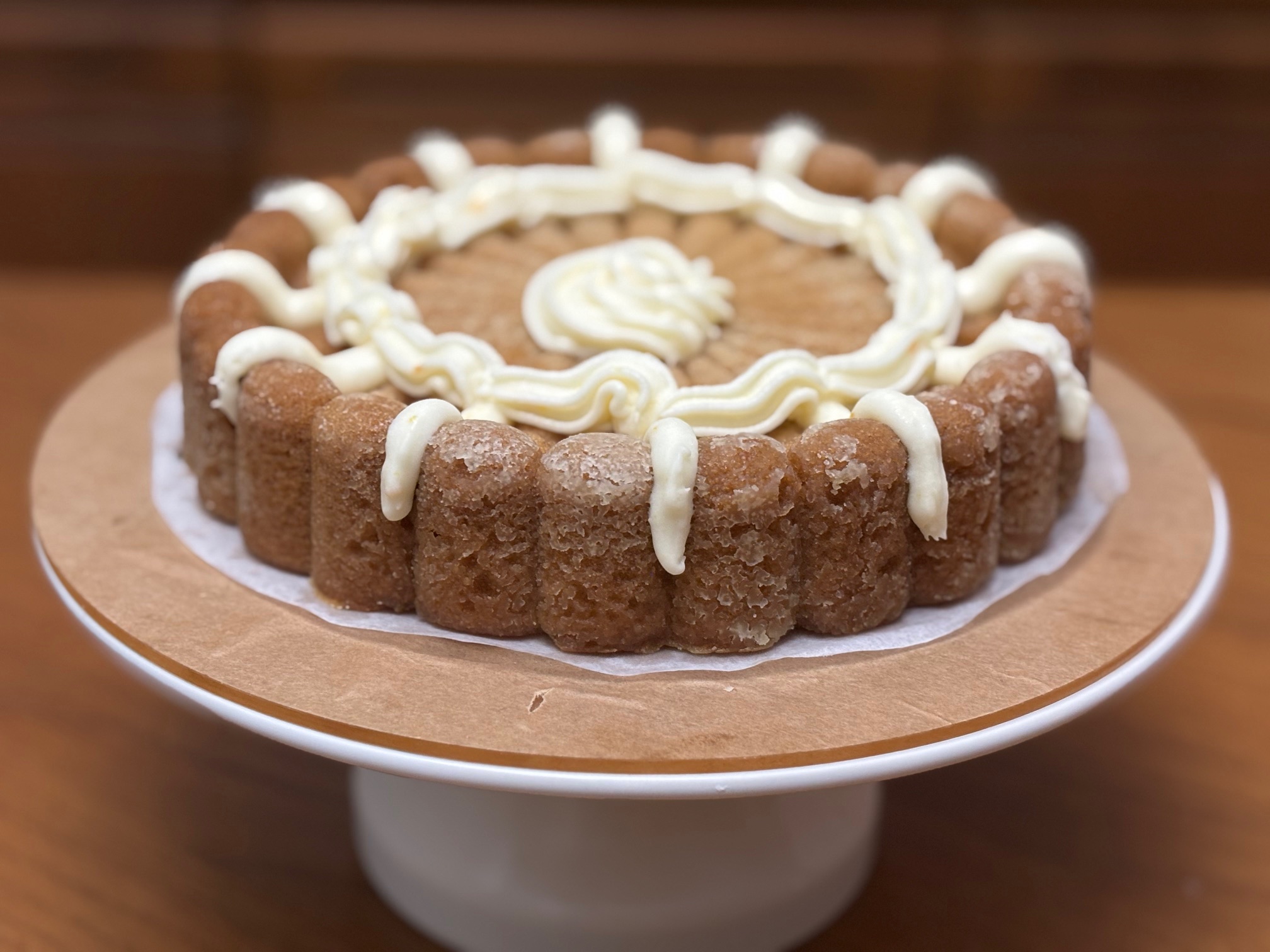 NEW ON SALE! Egg Free Moist  8 inch Vanilla Charlotte Shaped Cake, topped with Cream Cheese 