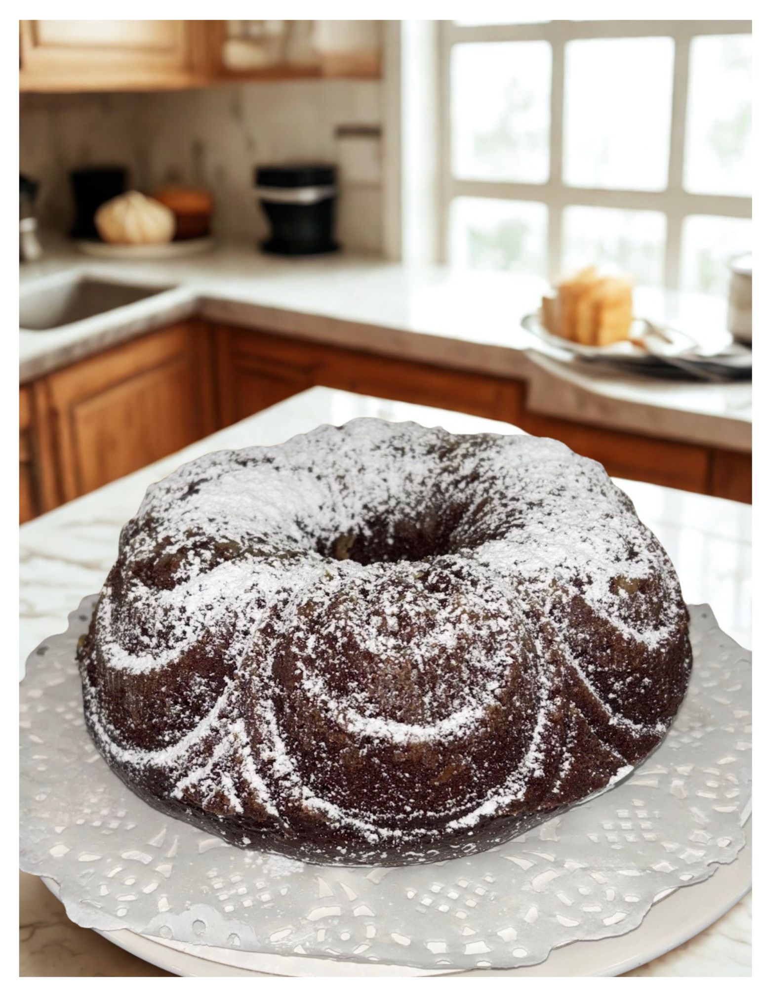 "To LIVE For"- Vegan Chocolate Cake with Chocolate Chips; optional confectionary sugar dusting or Vanilla Glaze