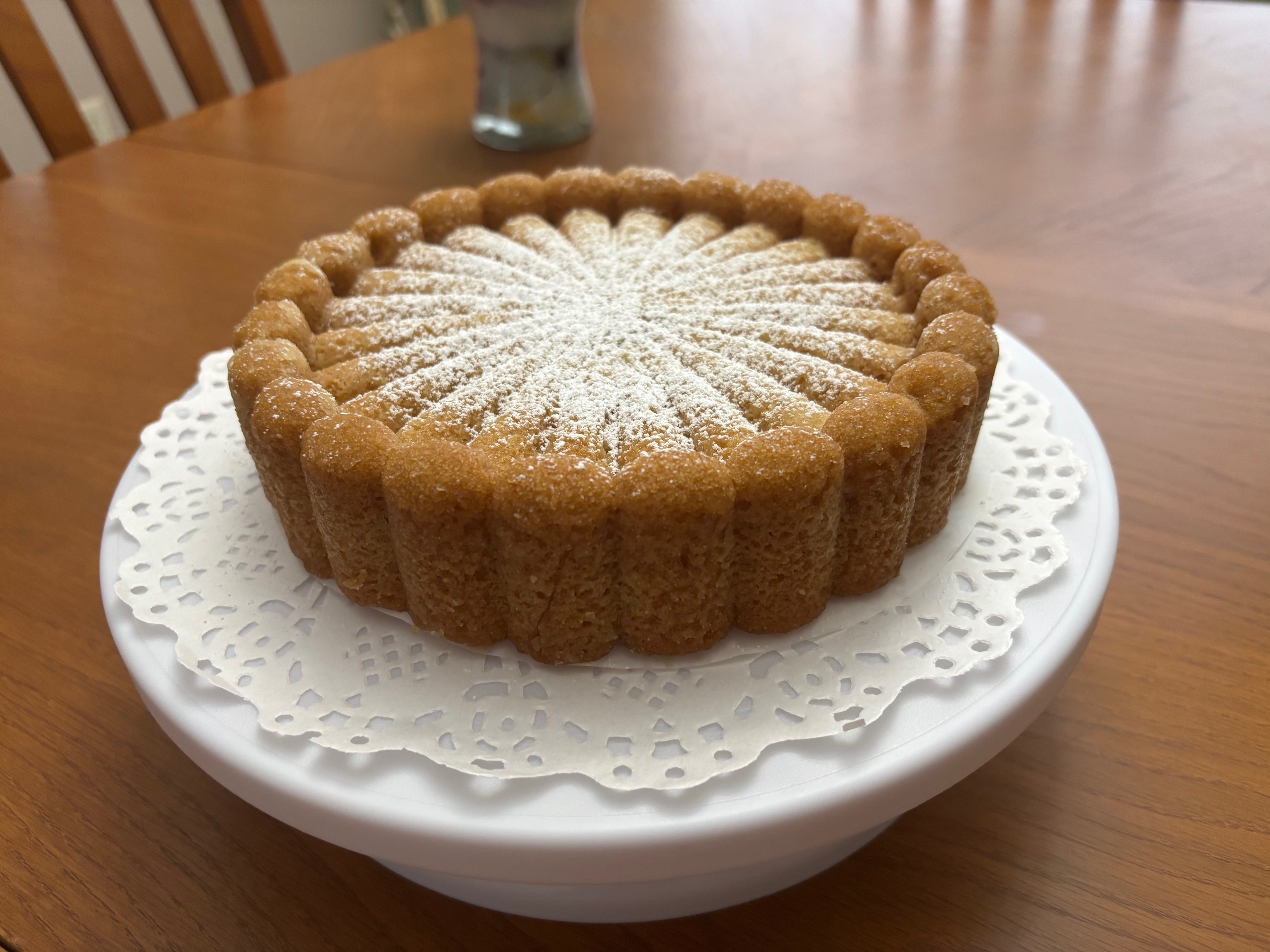 NEW ON SALE, Plant based 8 inch round Vanilla Charlotte shaped Cake with optional Vanilla Swirl  or Confectionery Sugar dusting