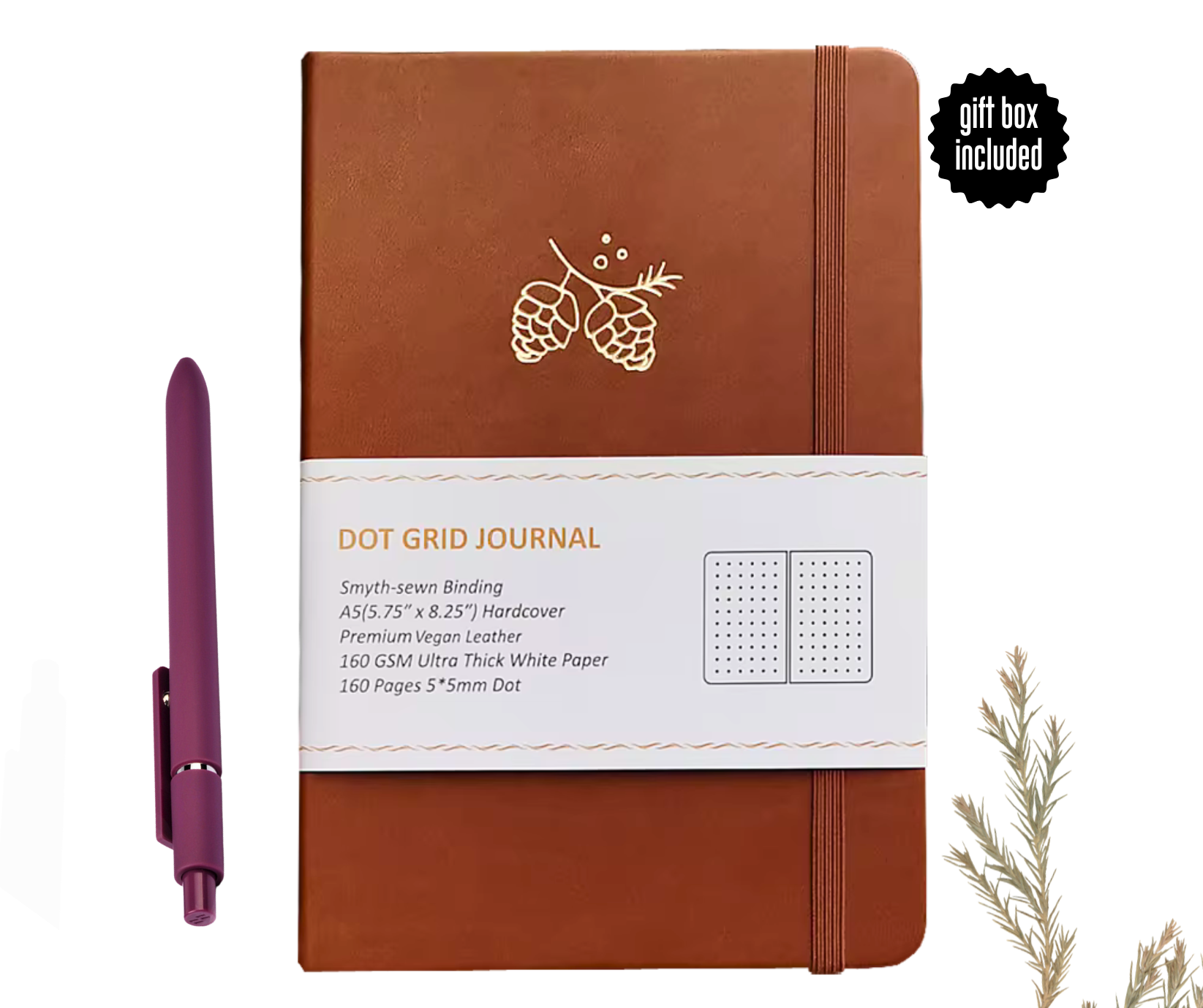 Caramel Pinecone Vegan Leather A5 Dot Grid Journal