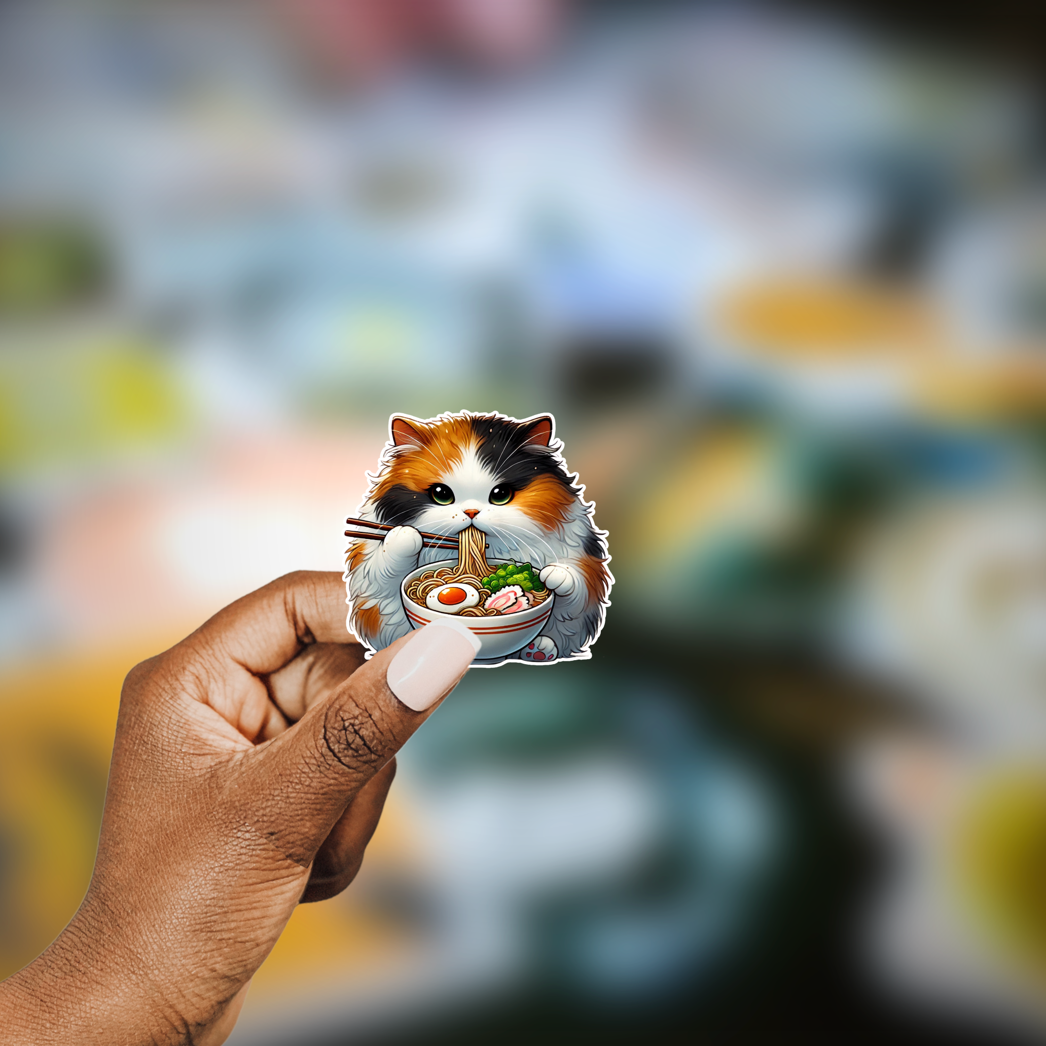 Calico Cat Eating Ramen Vinyl Sticker