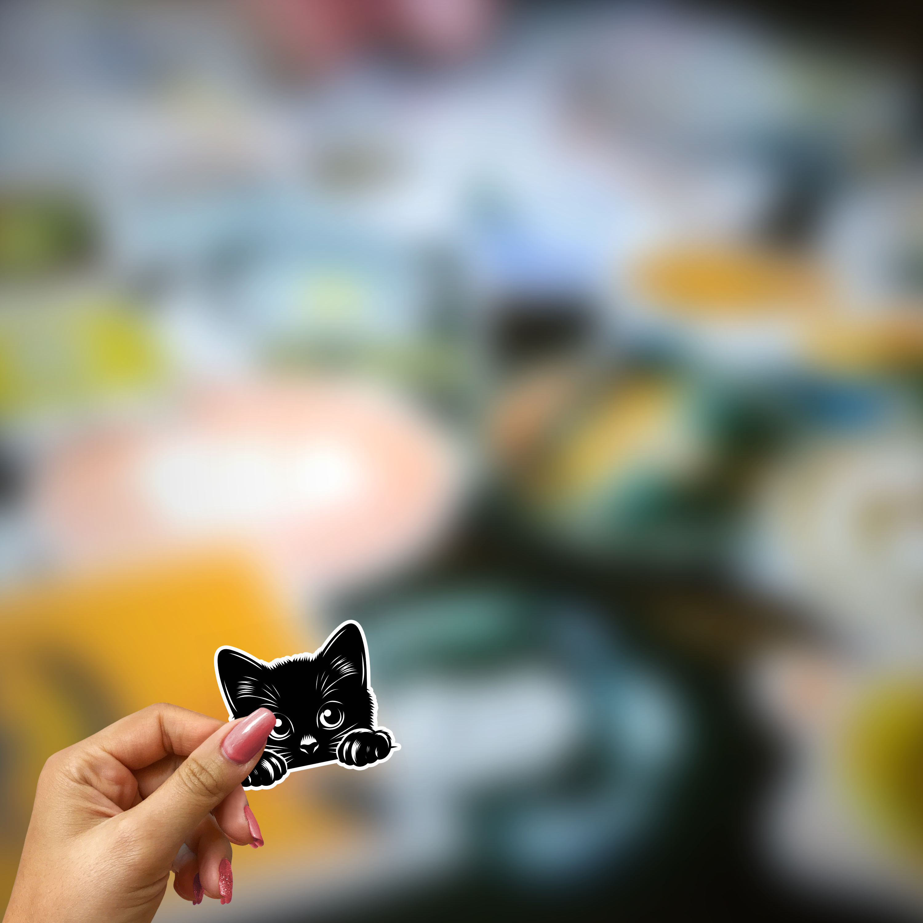 Black Cat Looking Over Vinyl Sticker