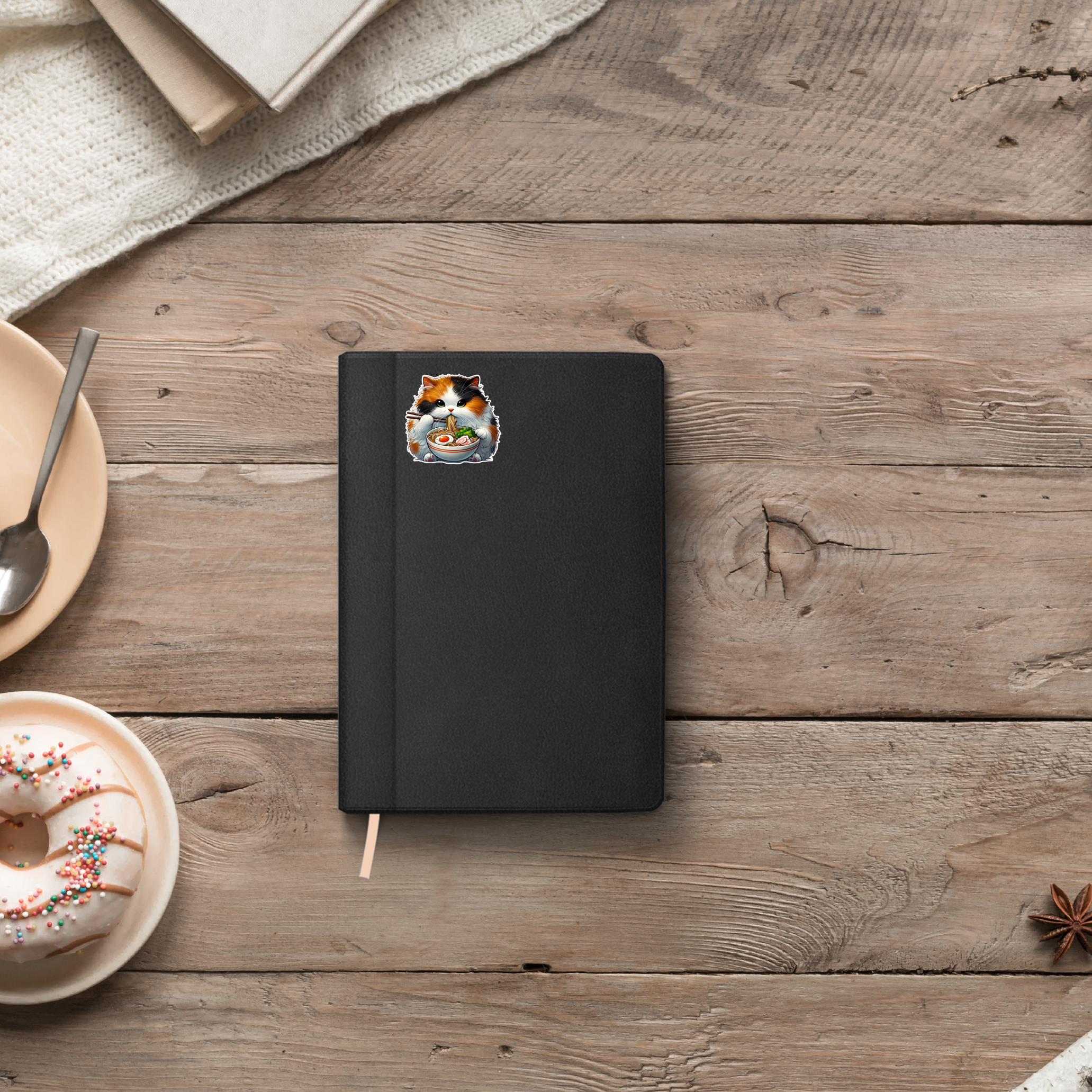 Calico Cat Eating Ramen Vinyl Sticker