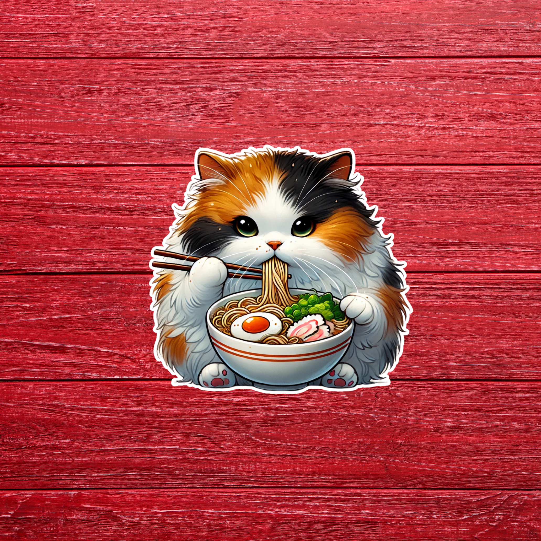 Calico Cat Eating Ramen Vinyl Sticker