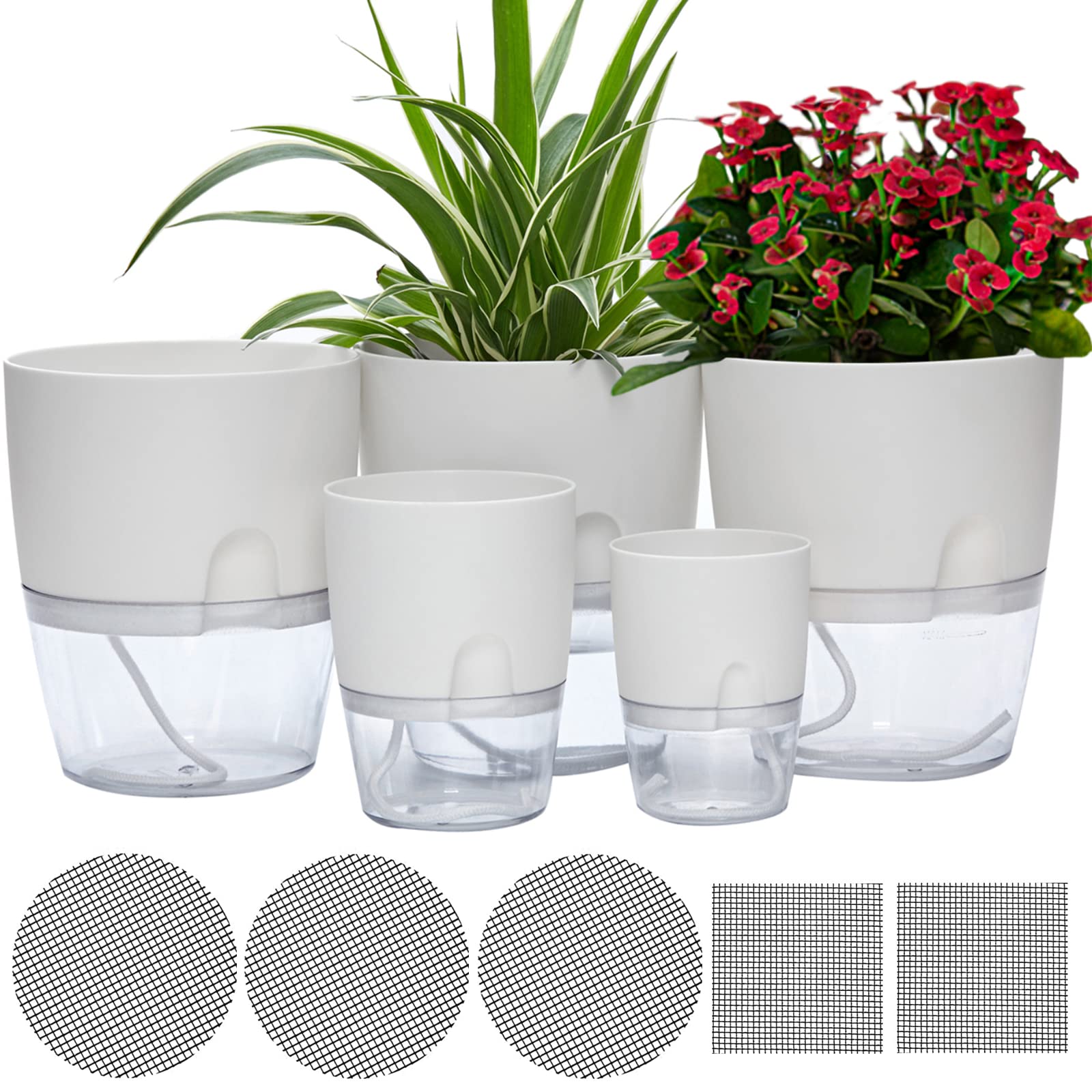 Self Watering Pots for Indoor Plants, 5 Pack 6/4.1/3.2 Inch Flower Pot Modern Decorative Plastic Planter with Extra Large Water Storage