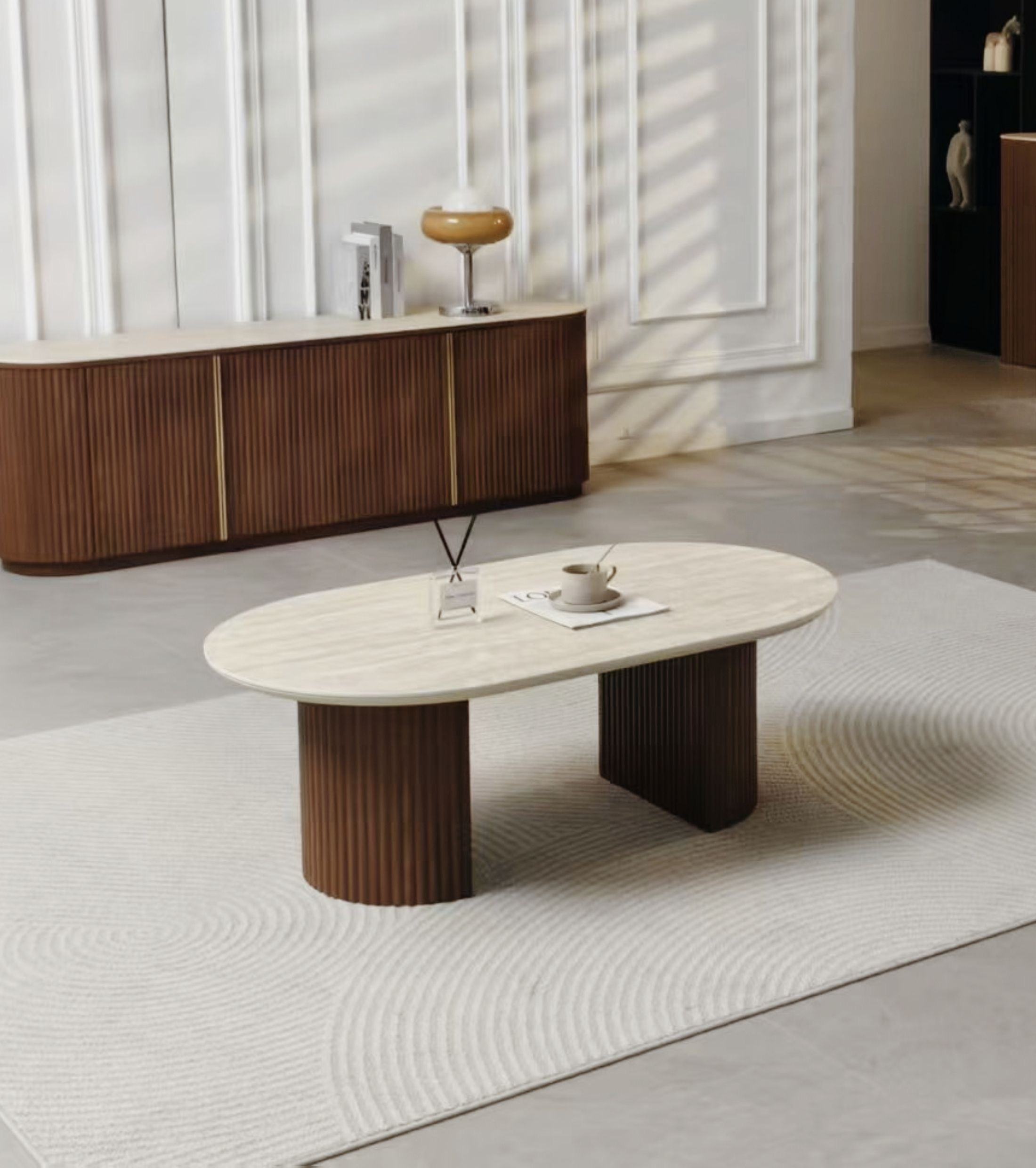 Table basse "Calypso" – Céramique travertin et noyer