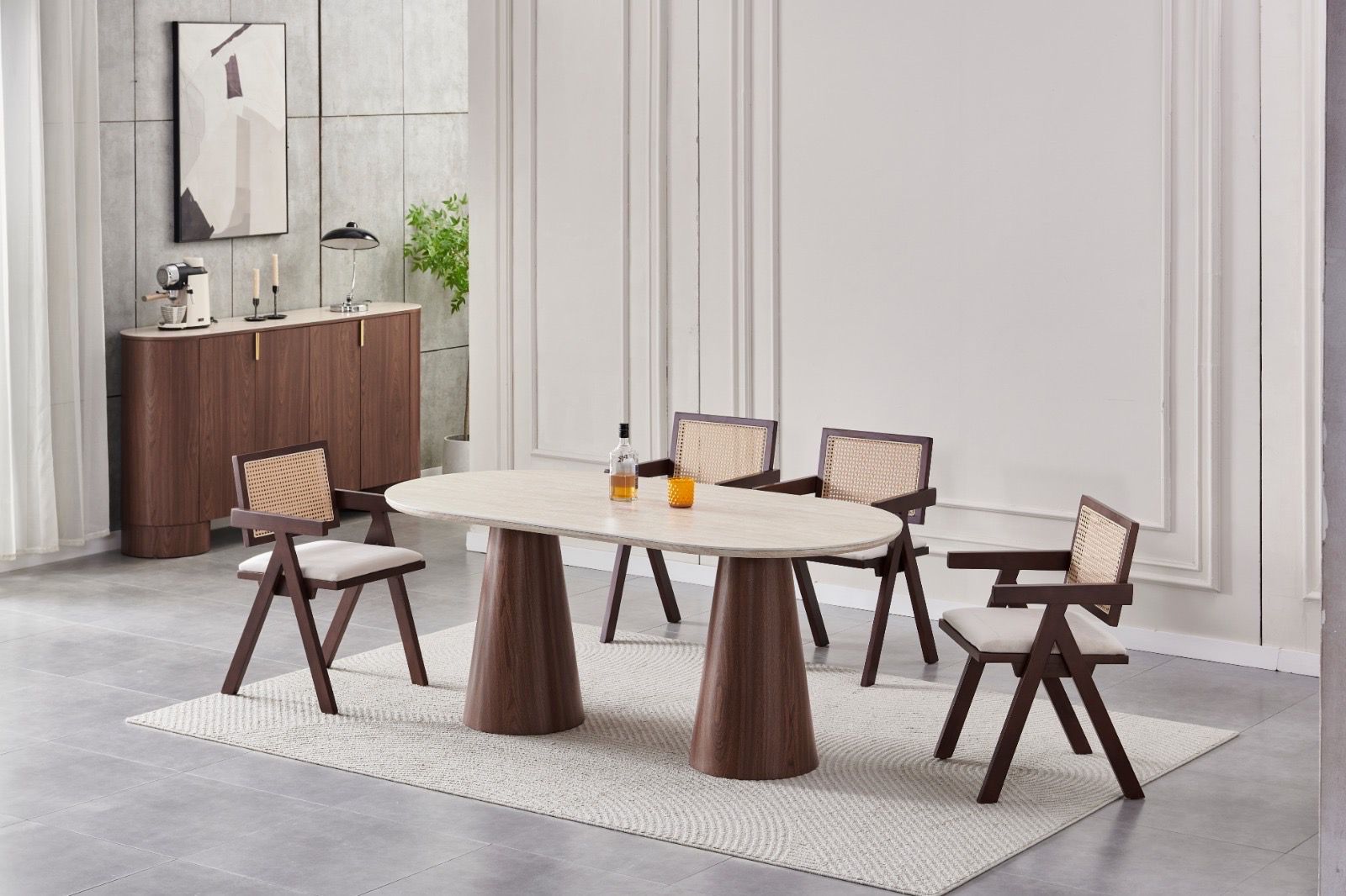 TABLE A MANGER ICONIC CERAMIQUE NOYER TRAVERTIN