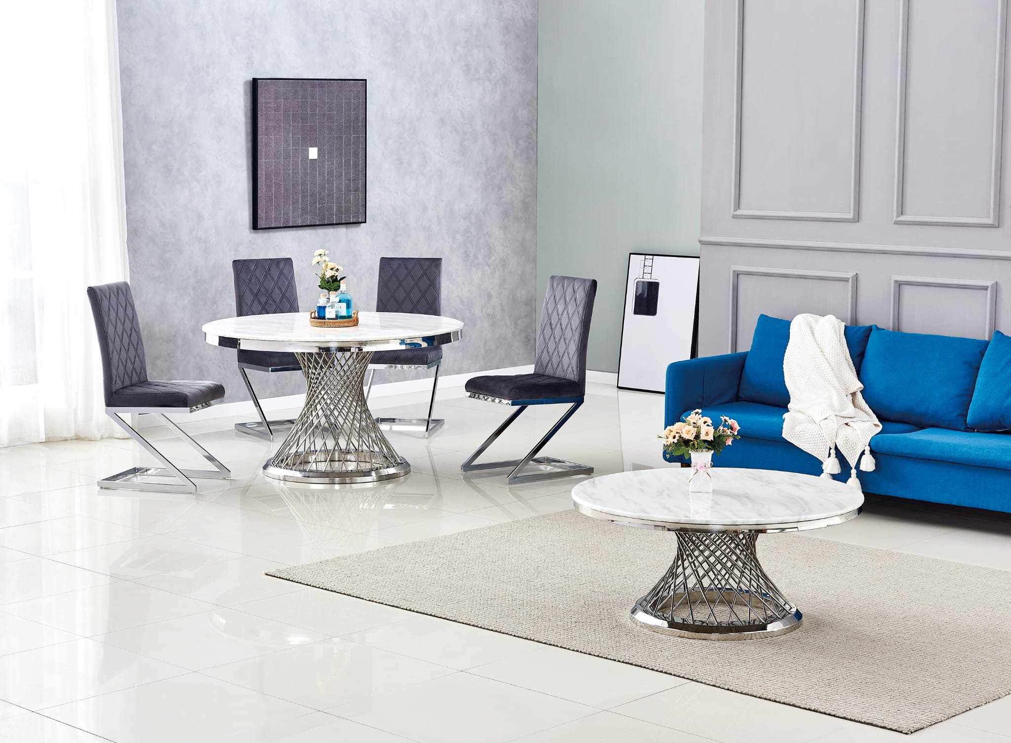 Table à manger "Chrome marbre blanc"