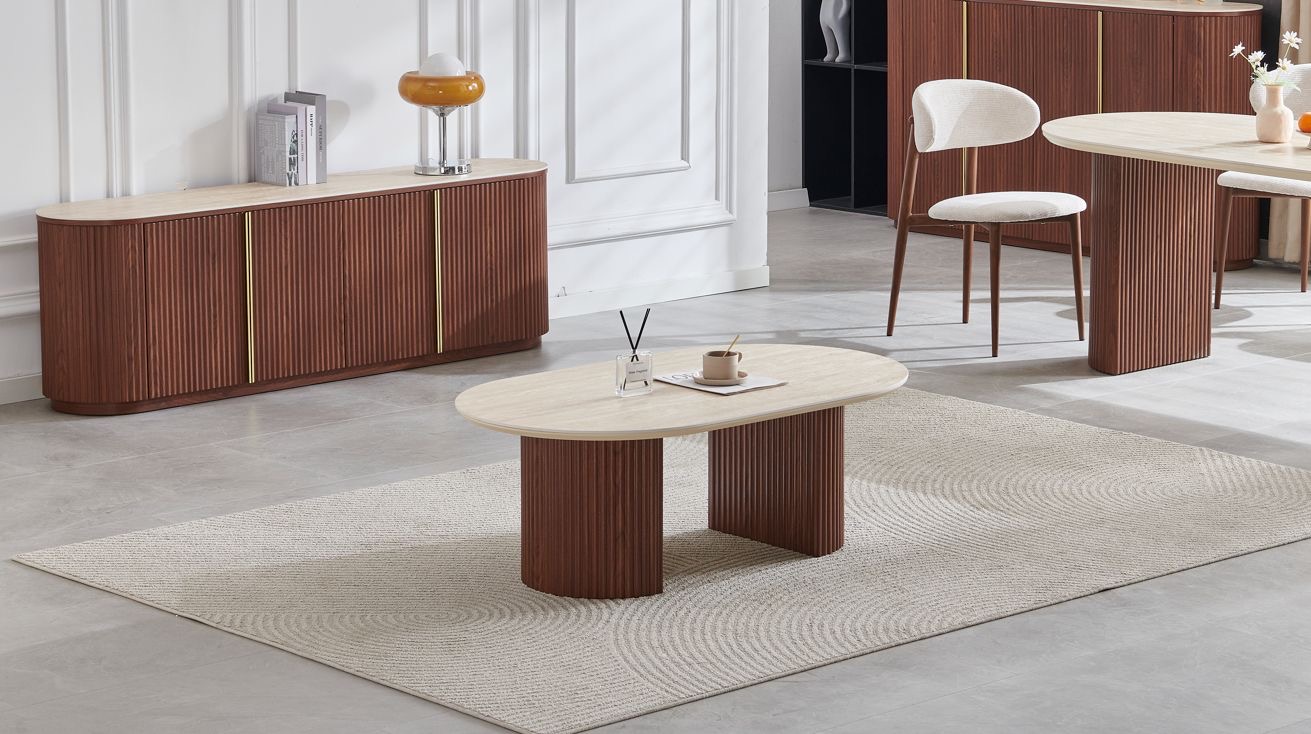 Table basse "Calypso" – Céramique travertin et noyer