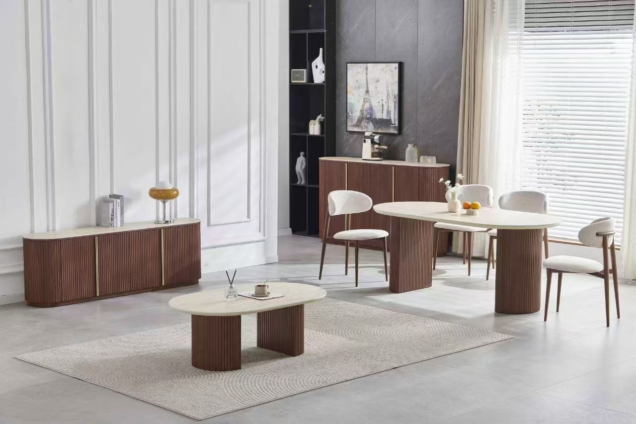 Table basse "Calypso" – Céramique travertin et noyer