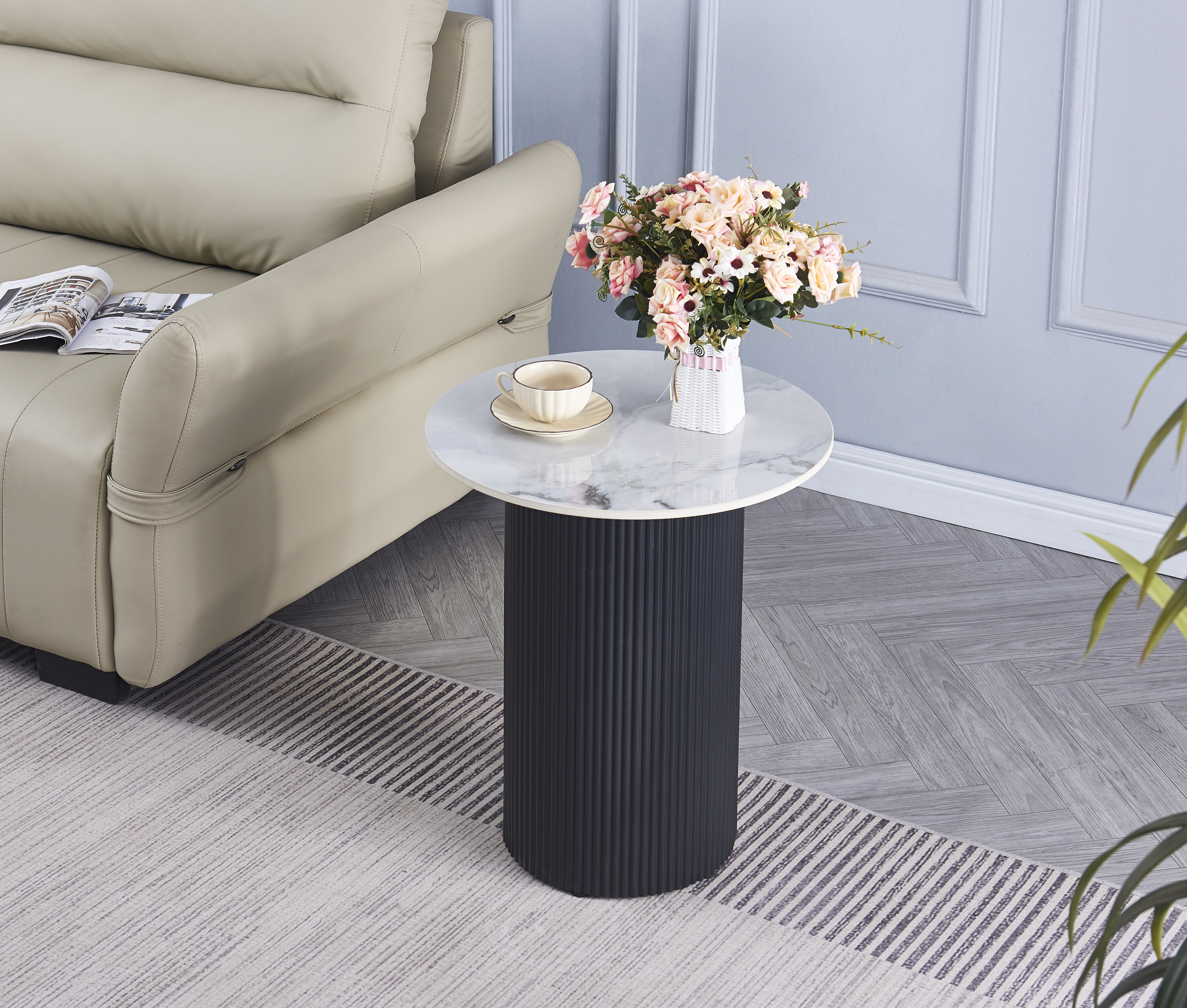 Guéridon Valmy – Plateau céramique effet marbre gris Ø50 cm