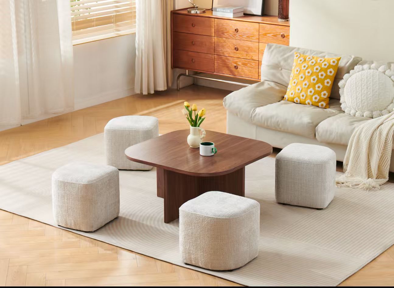 Table basse "Marbella" noyer avec poufs