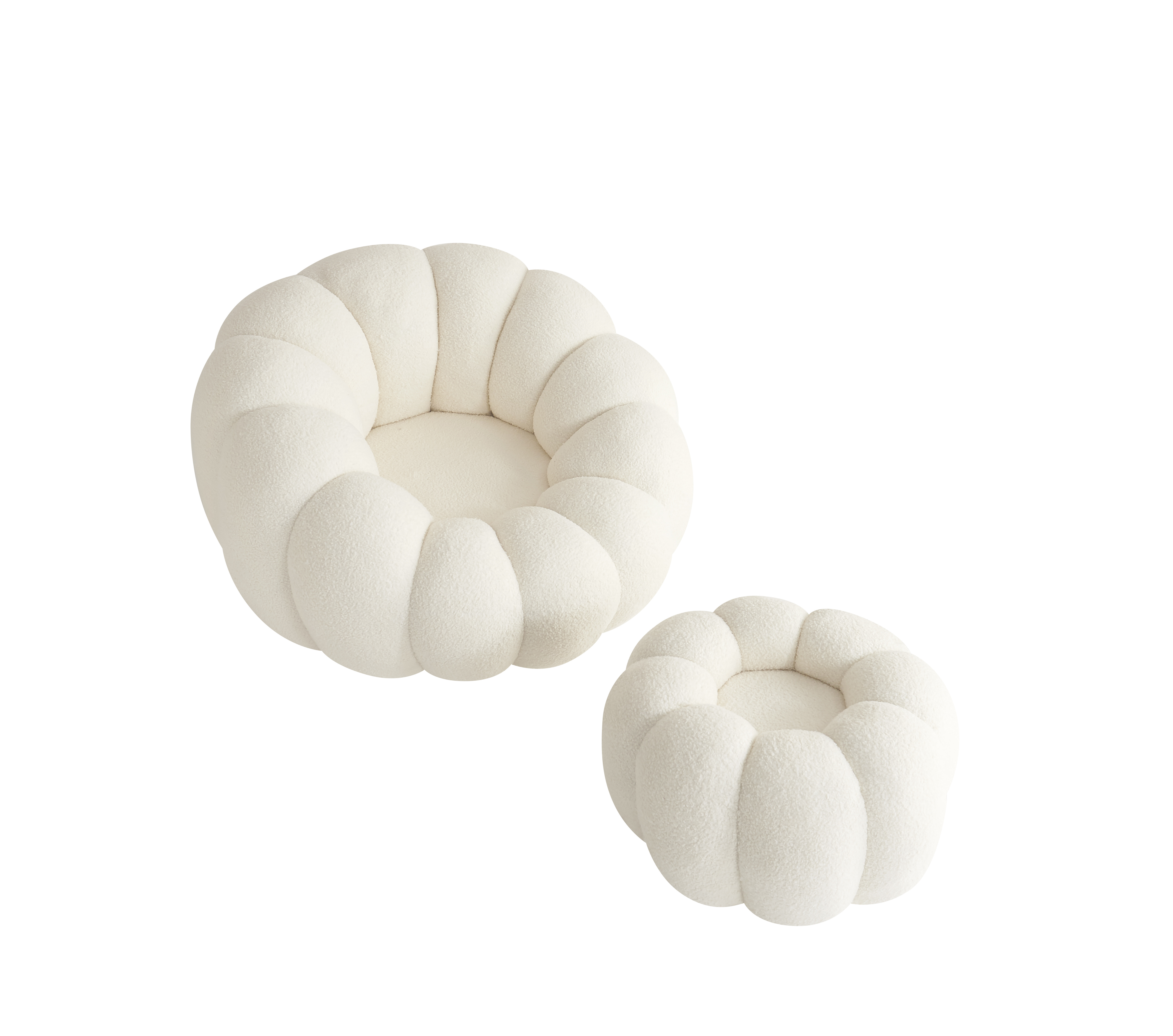 Fauteuil pivotant Perle en tissu doudou beige + pouf repose-pied