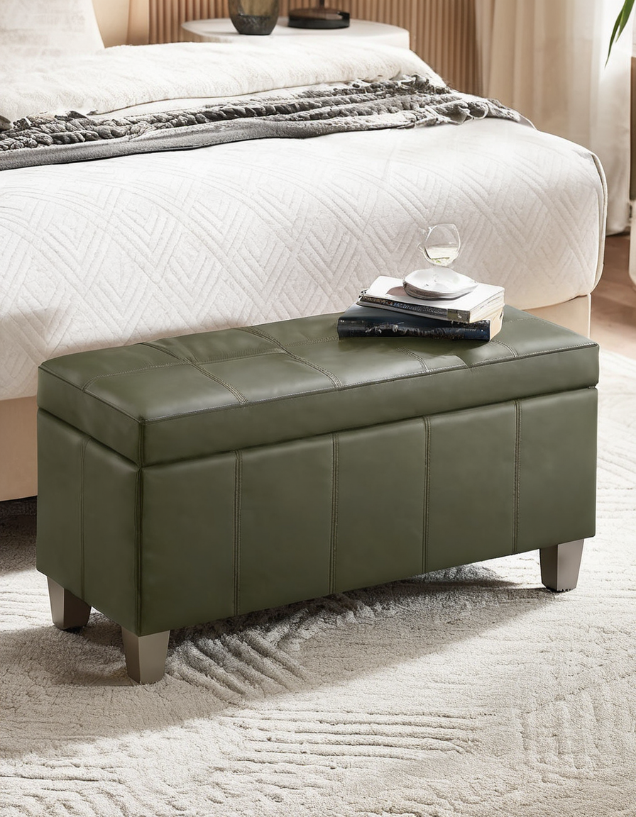 Green Faux Leather Storage Ottoman
