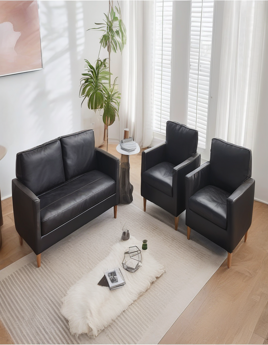 Modern Black Leather Sofa Set