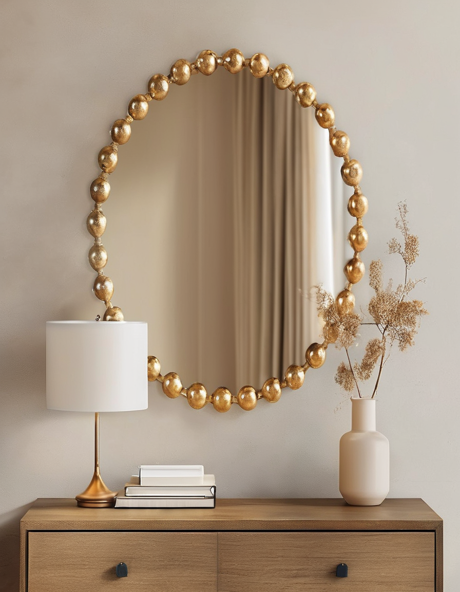 Round Gold Beaded Wall Mirror