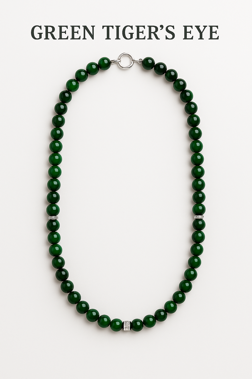 Green Tiger's Eye Beaded Necklace - Long