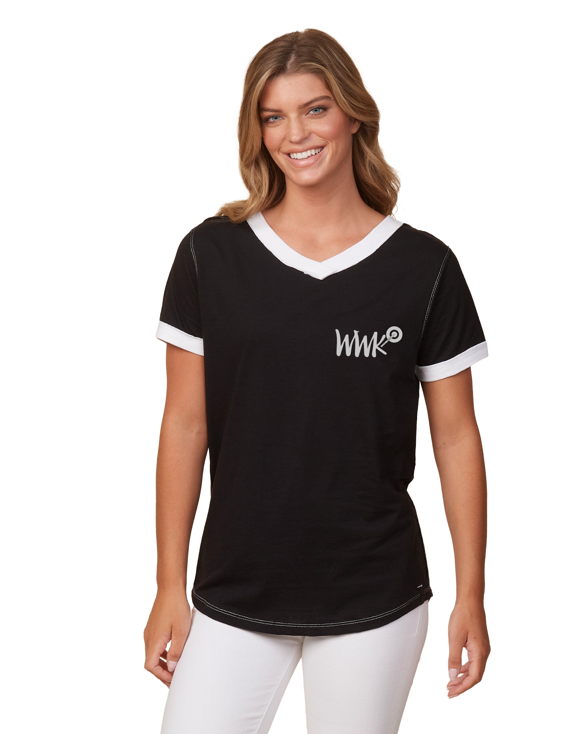 Women's WWK Logo Black V-Neck Ringer T-Shirt