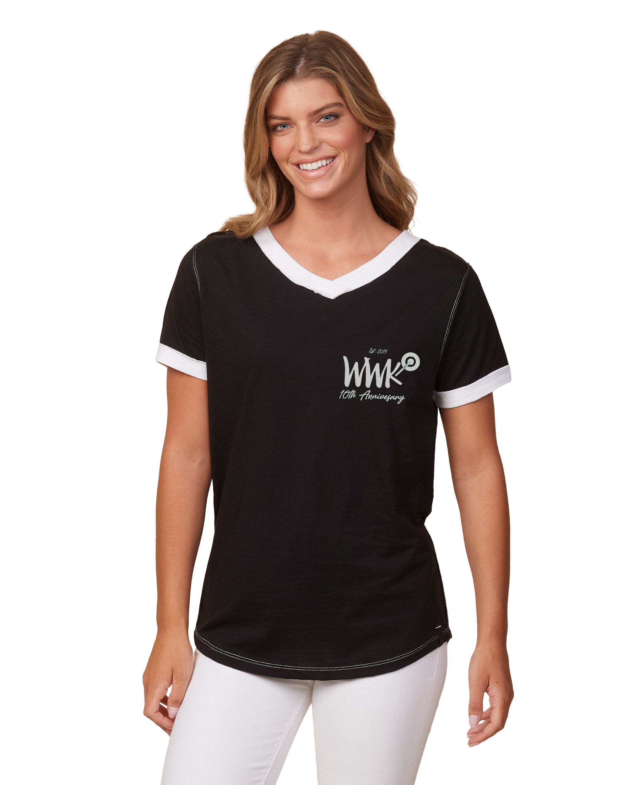 WWK 10th Anniversary V-Neck Ringer Tee