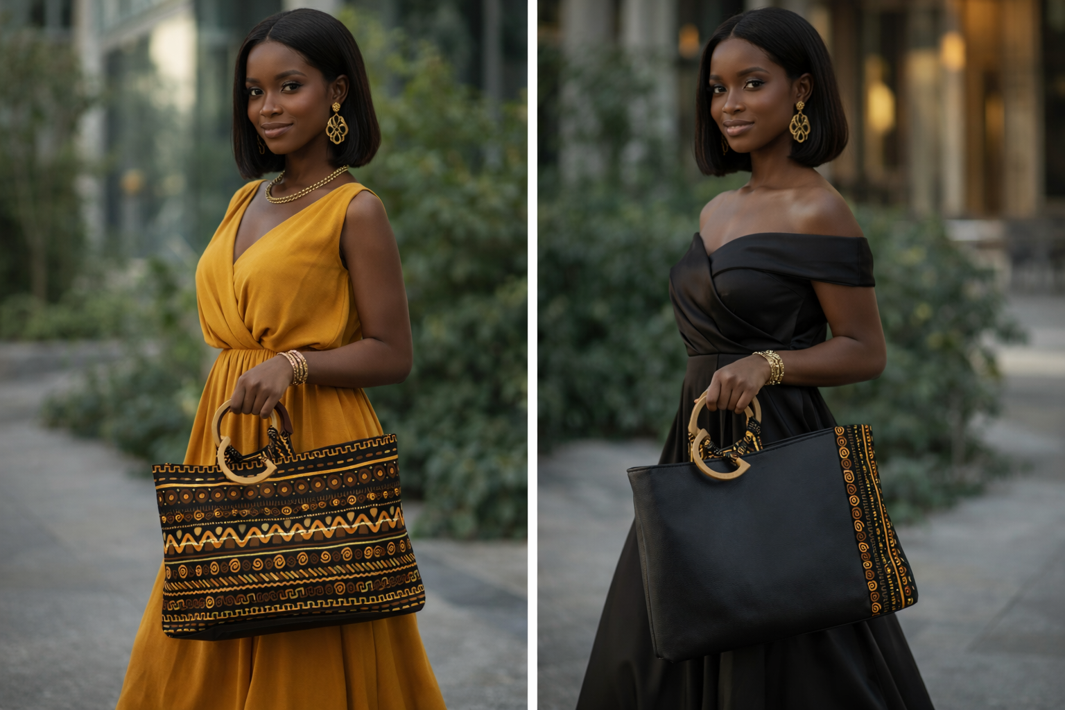 Cabas XL en similicuir et tissu africain - Noir
