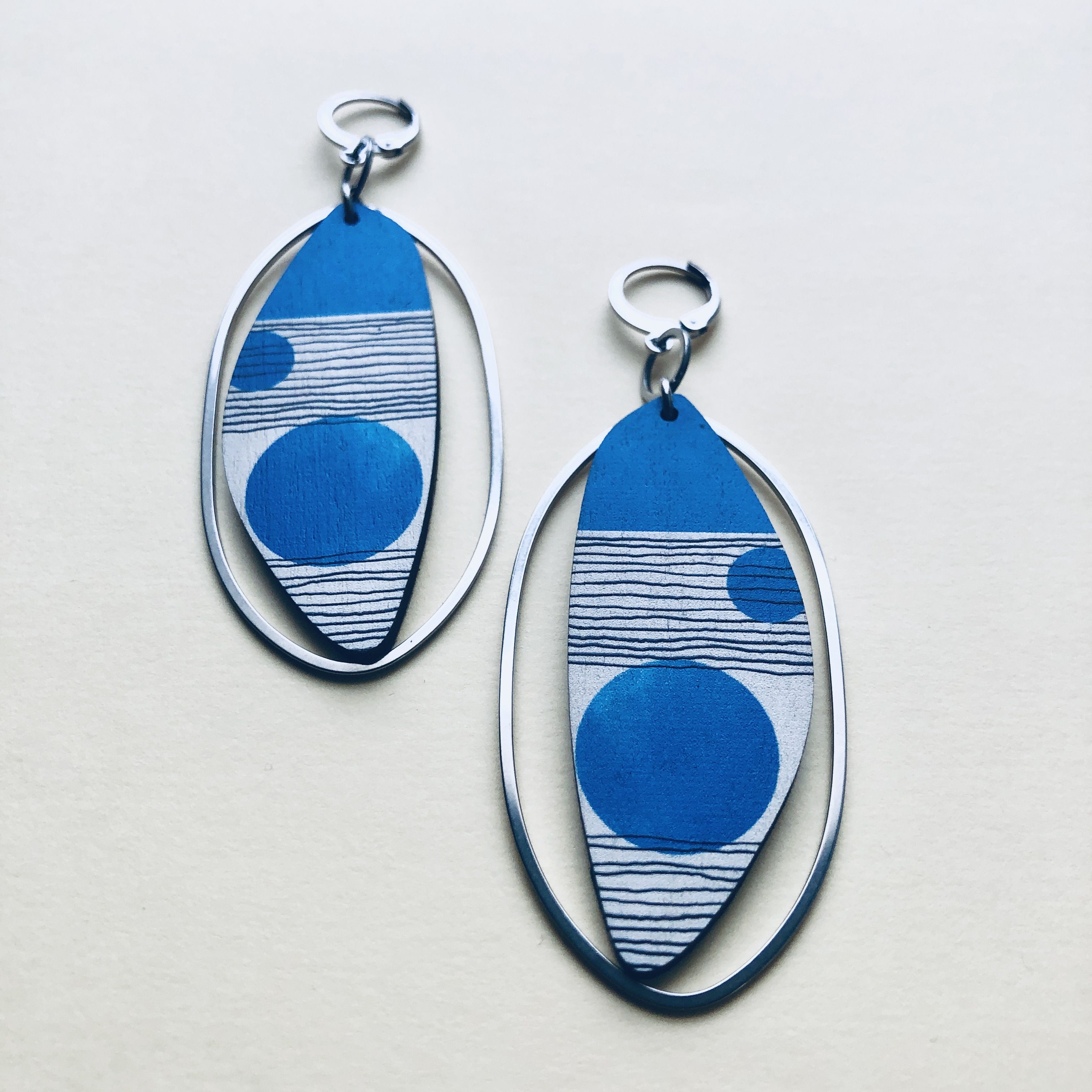 Geometric Blue Oval Earrings