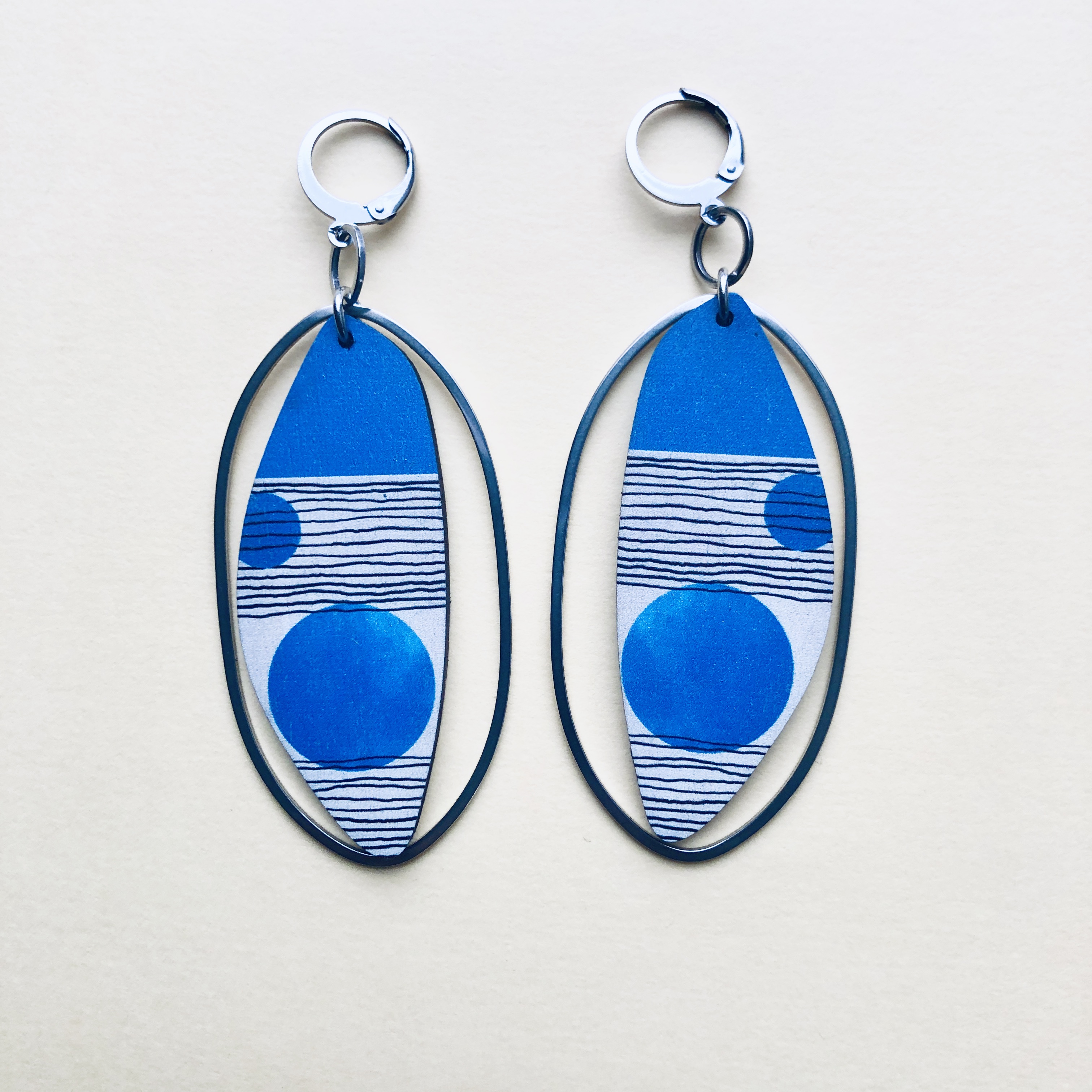 Geometric Blue Oval Earrings