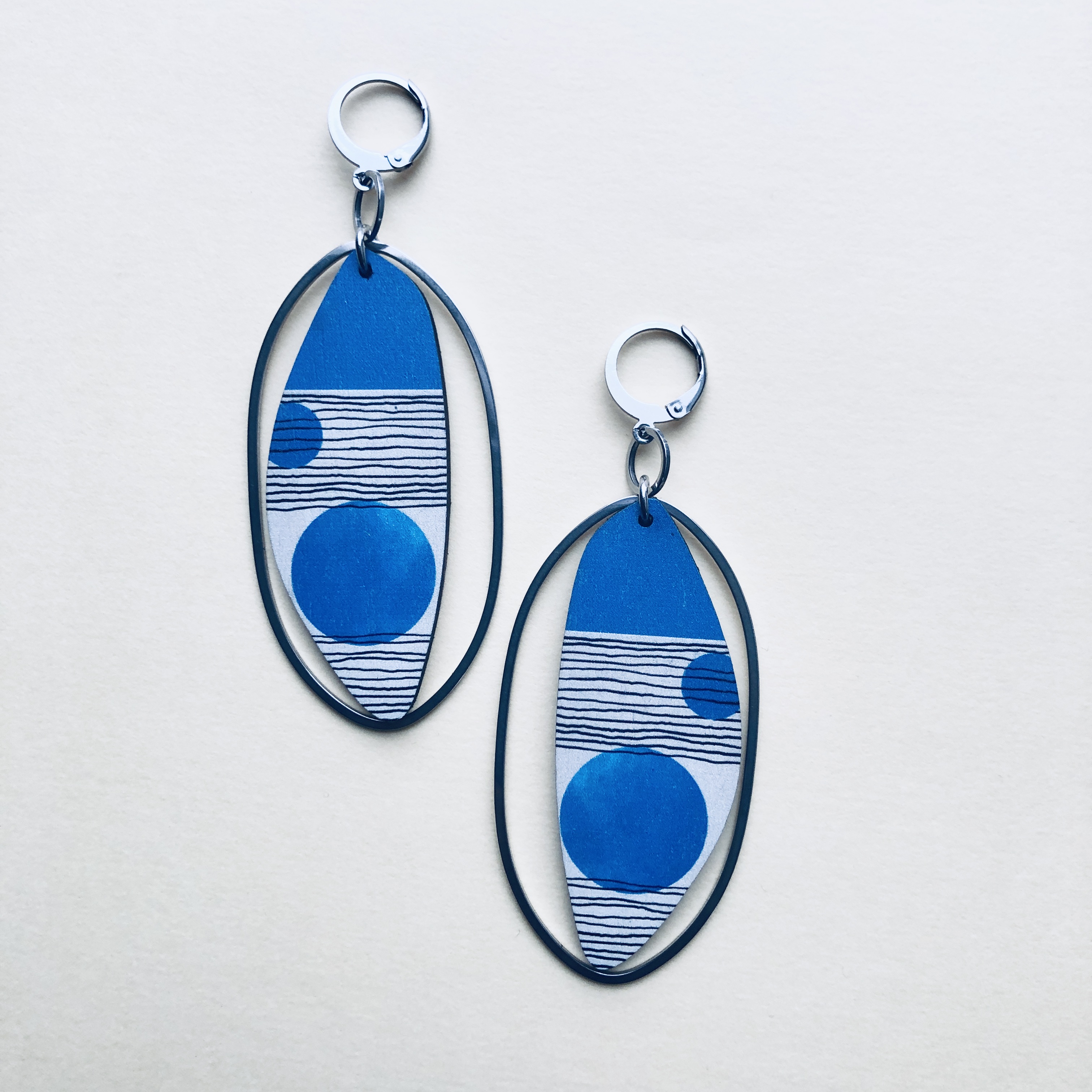 Geometric Blue Oval Earrings