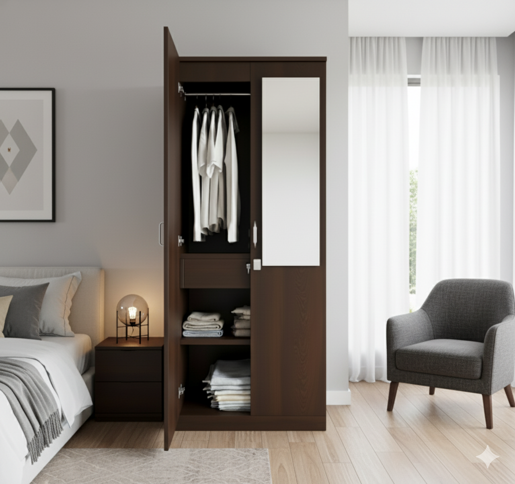 Modern 2-Door Mirrored Wardrobe in Dark Walnut Finish