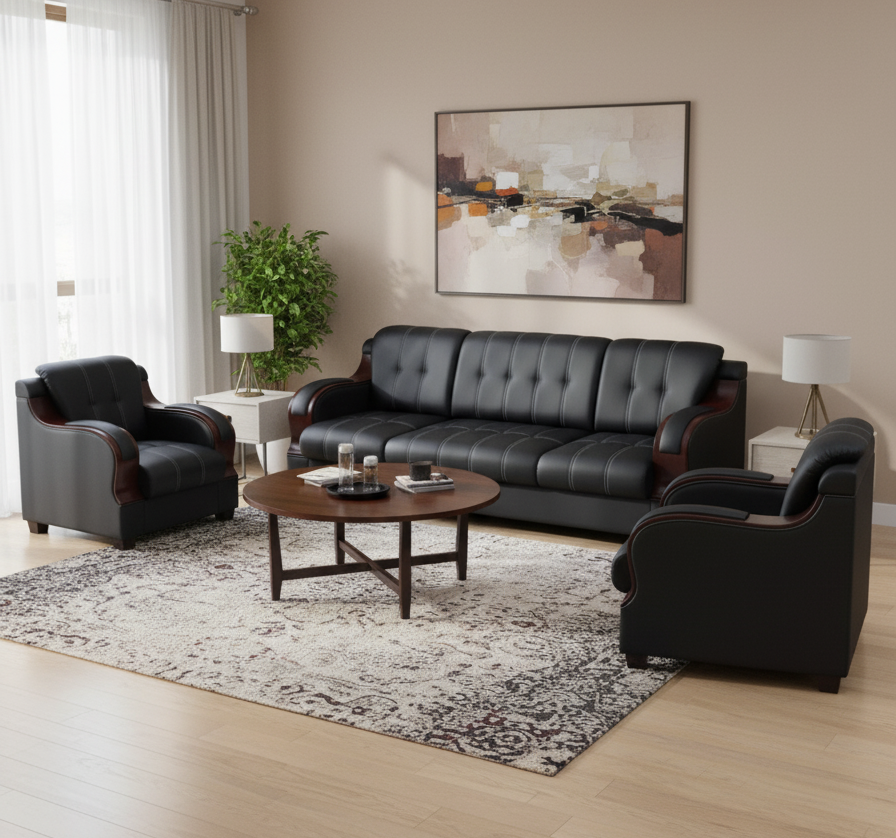 Black Faux Leather Sofa Set (3 Seater + 2 Chairs)