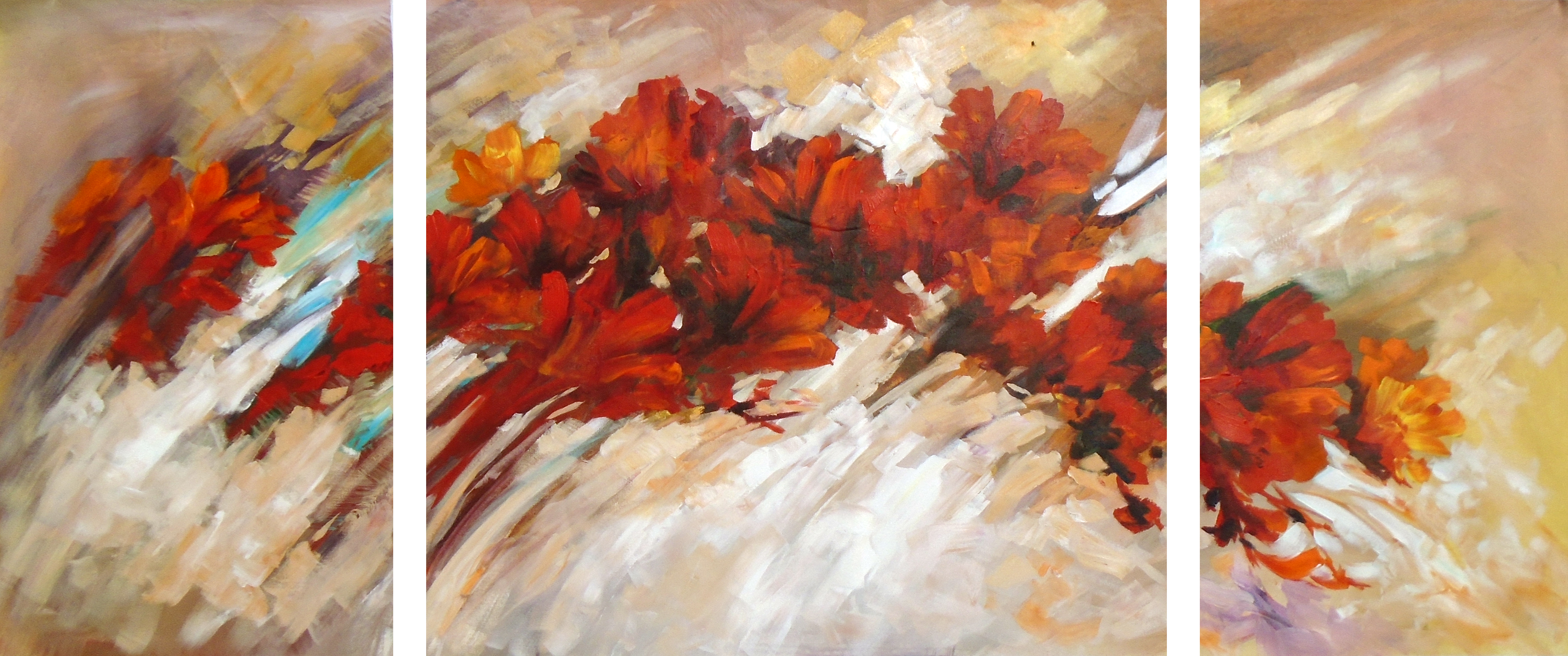 3 Panel Red Floral Abstract Painting