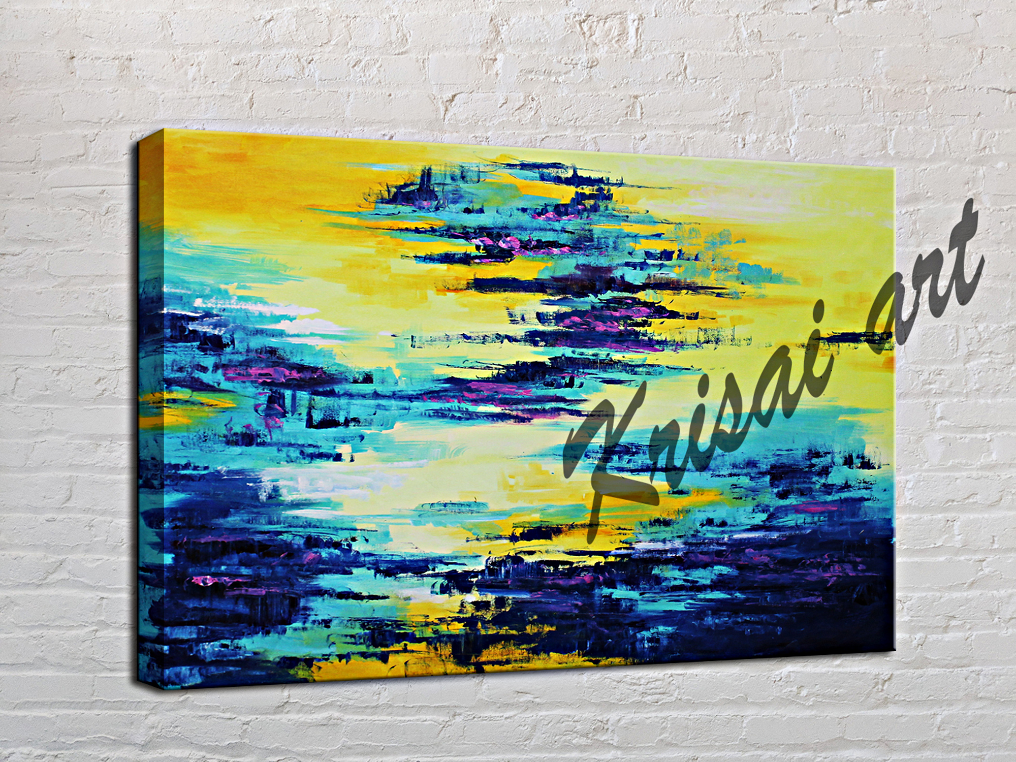 Abstract Blue and Yellow Water waves Painting