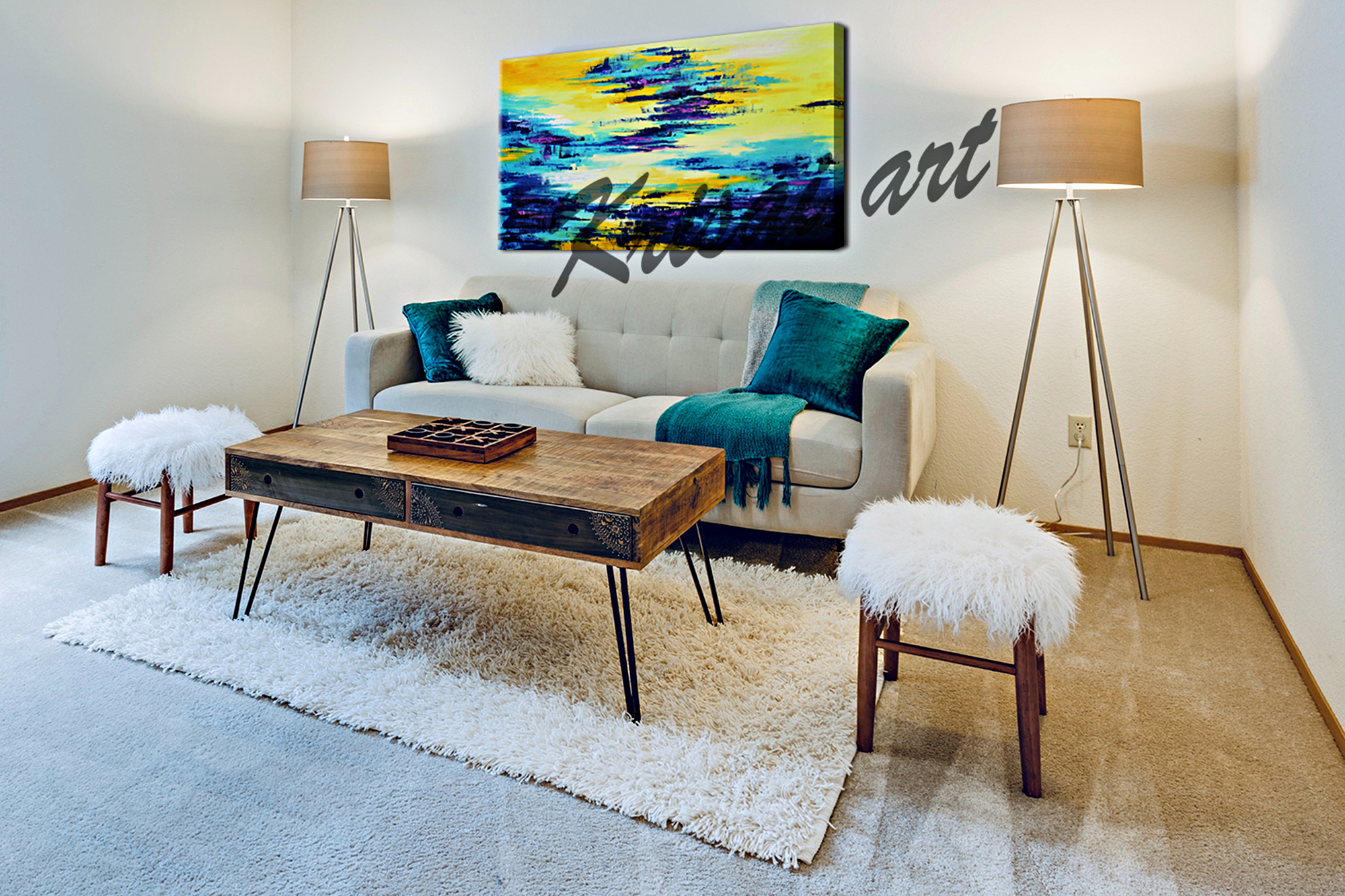 Abstract Blue and Yellow Water waves Painting