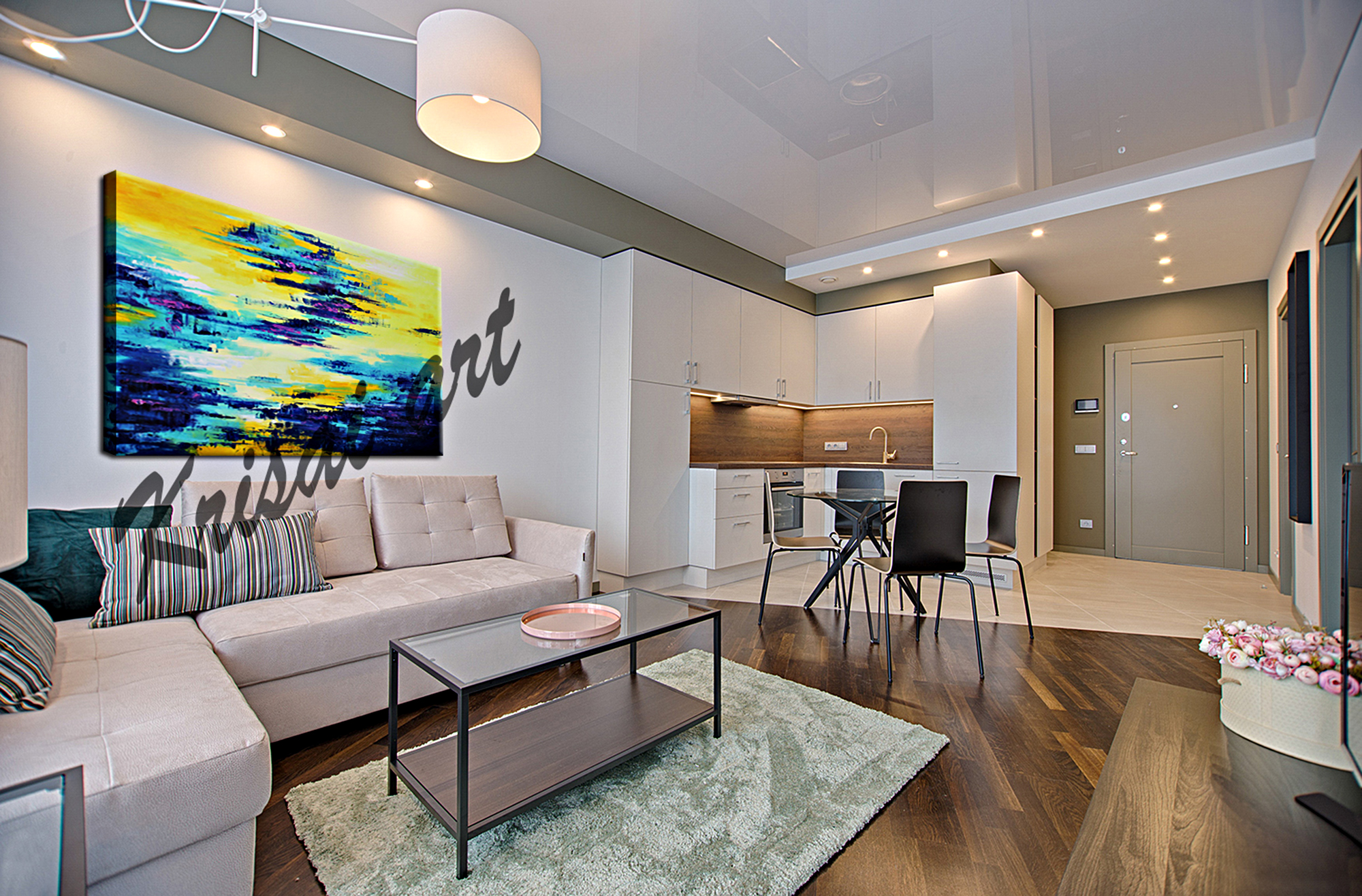 Abstract Blue and Yellow Water waves Painting