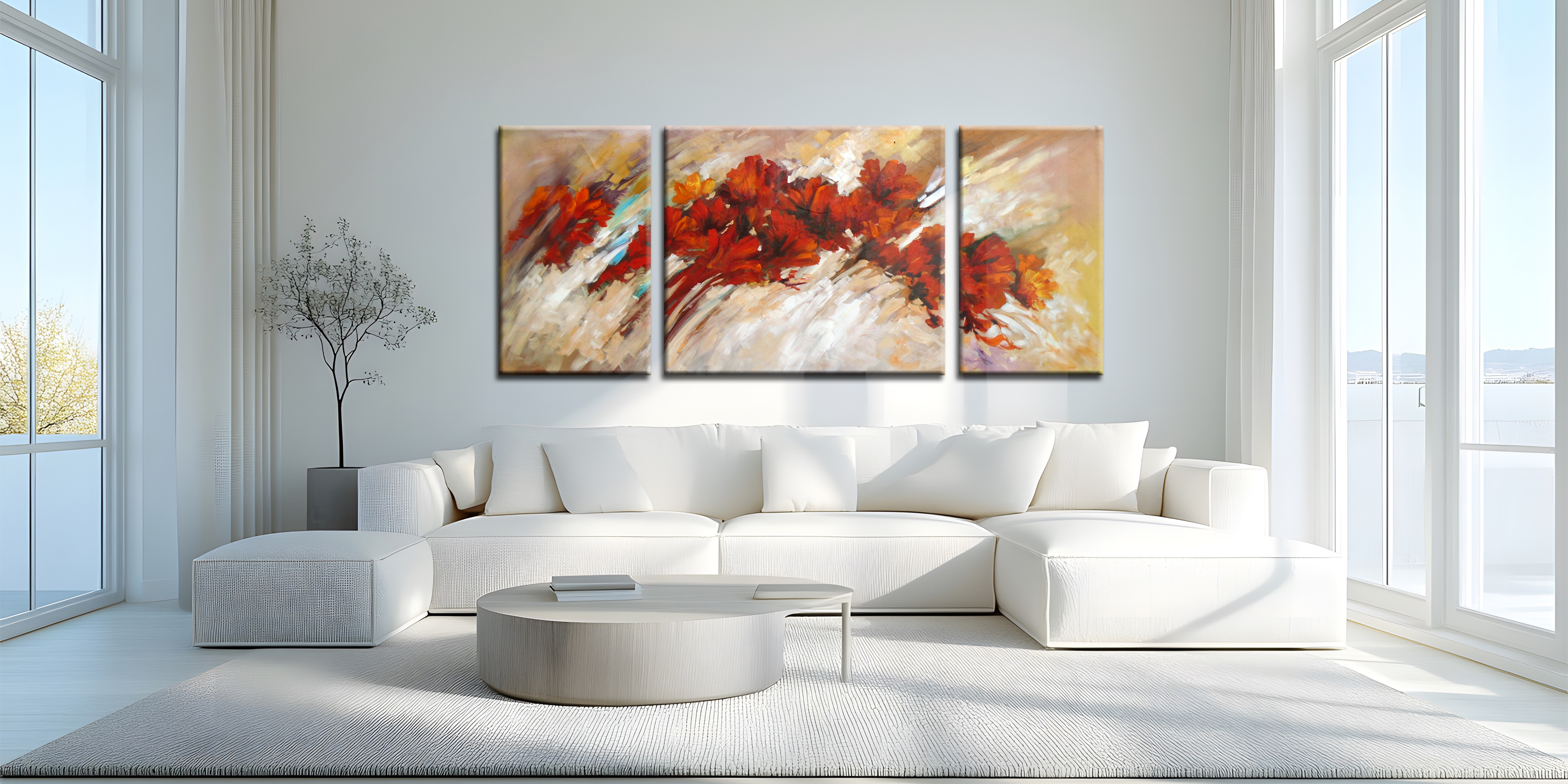 3 Panel Red Floral Abstract Painting