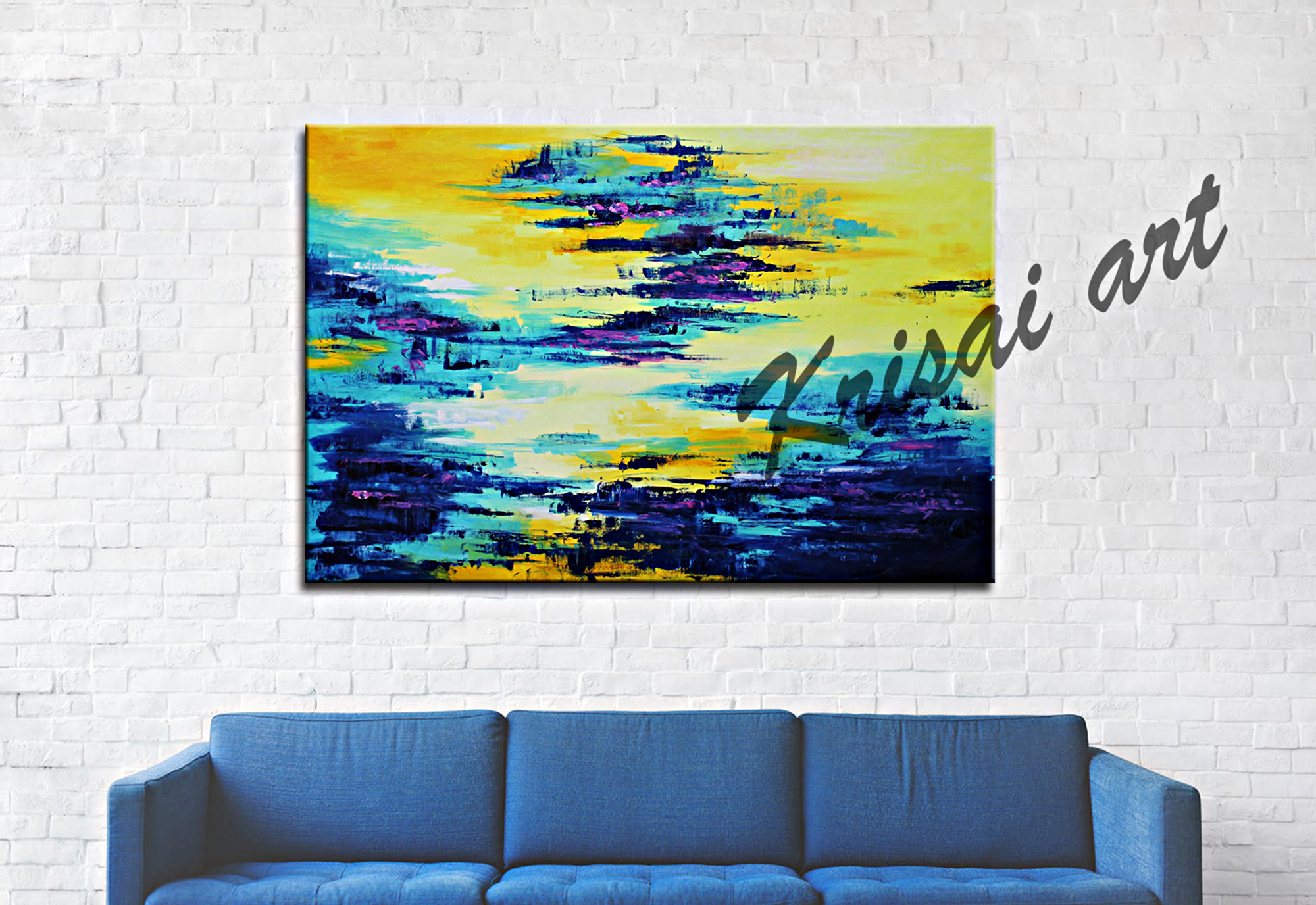Abstract Blue and Yellow Water waves Painting