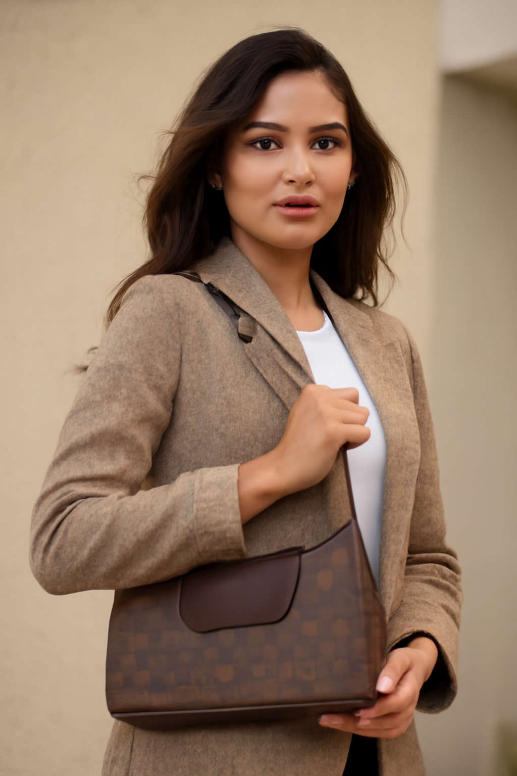 Elegant Brown Checkered Handbag