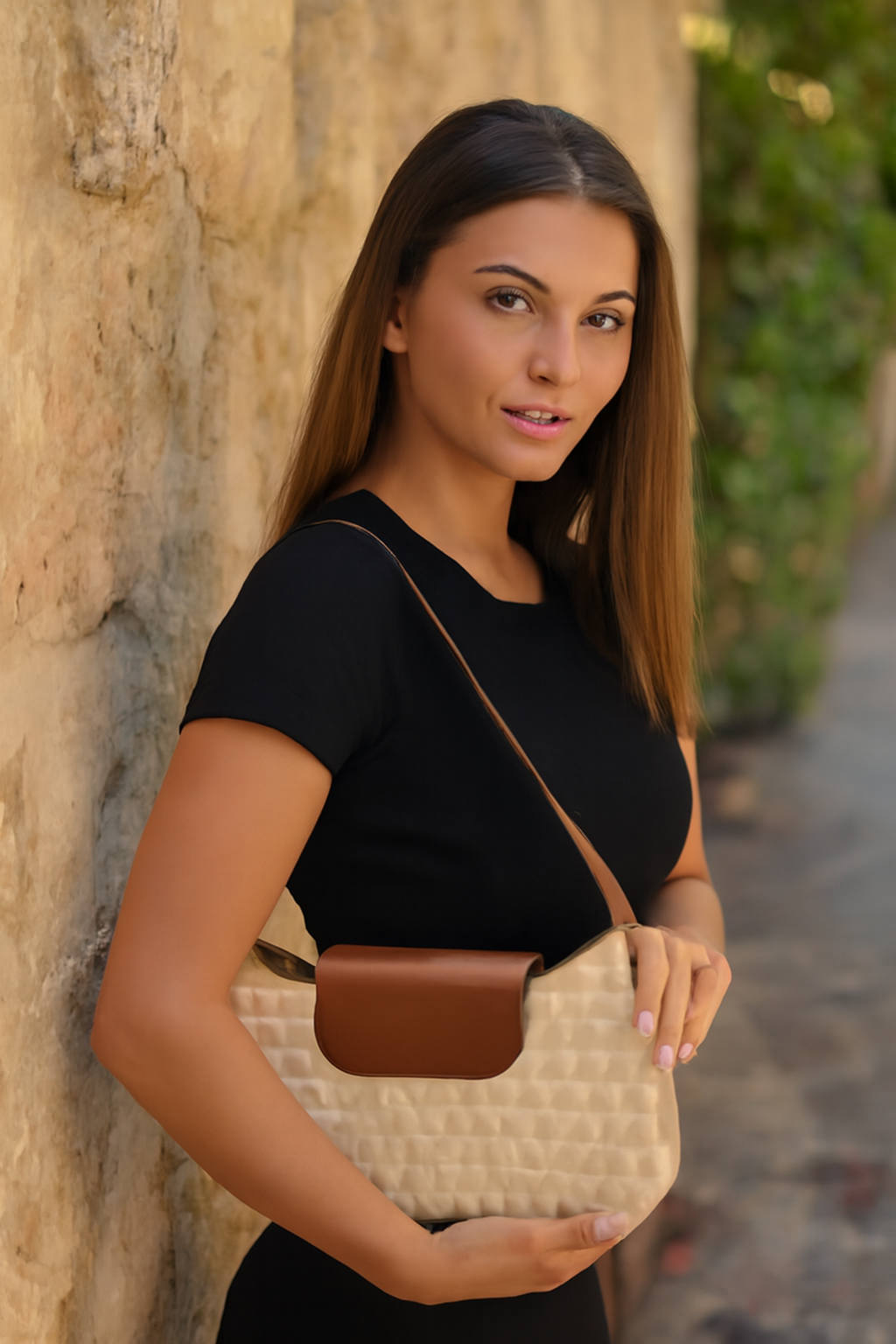 Beige Textured Shoulder Bag
